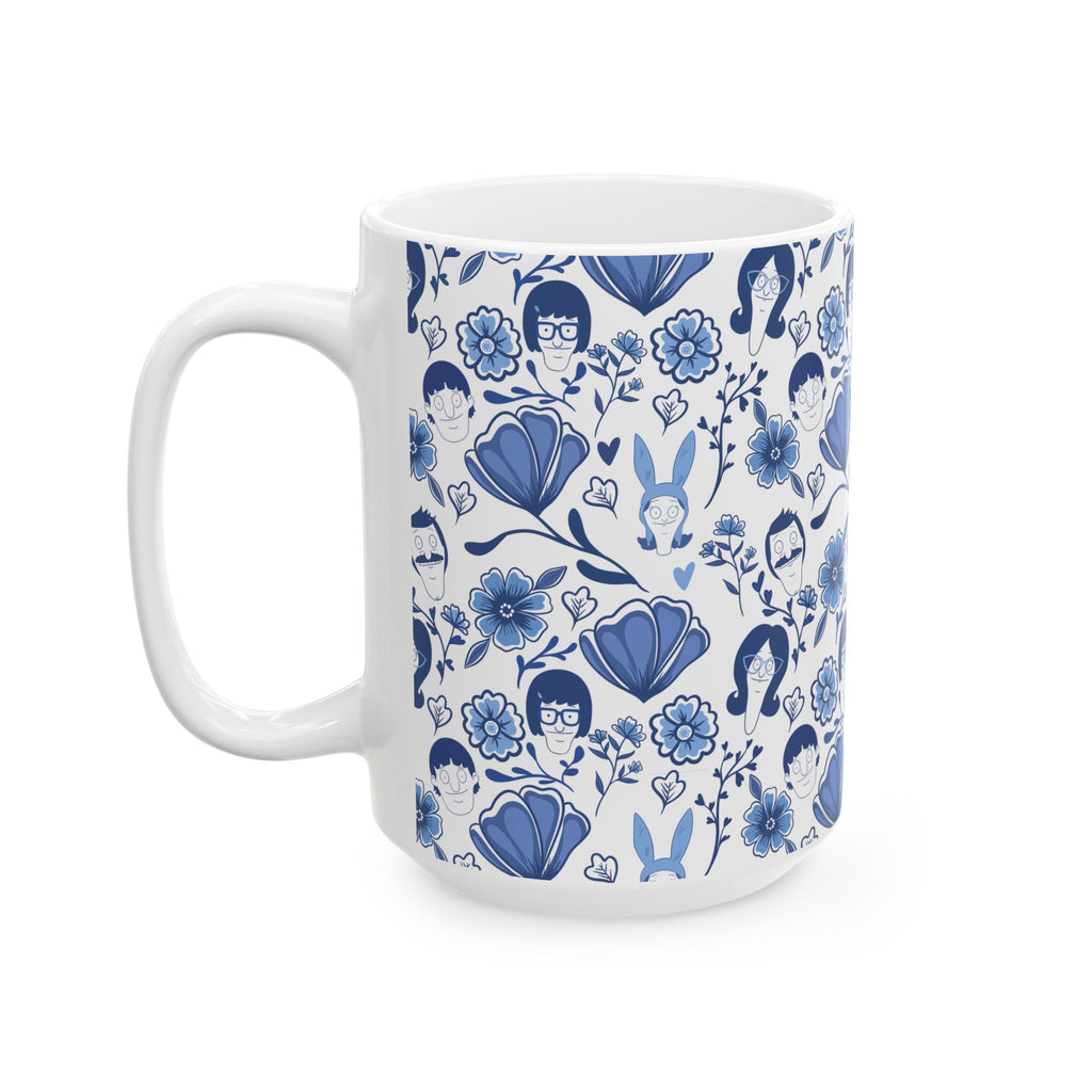 Bob's Burgers Inspired Blue Fine China Floral Pattern Ceramic Mug — Whimsical Faces & Bunny Design (11oz/15oz)