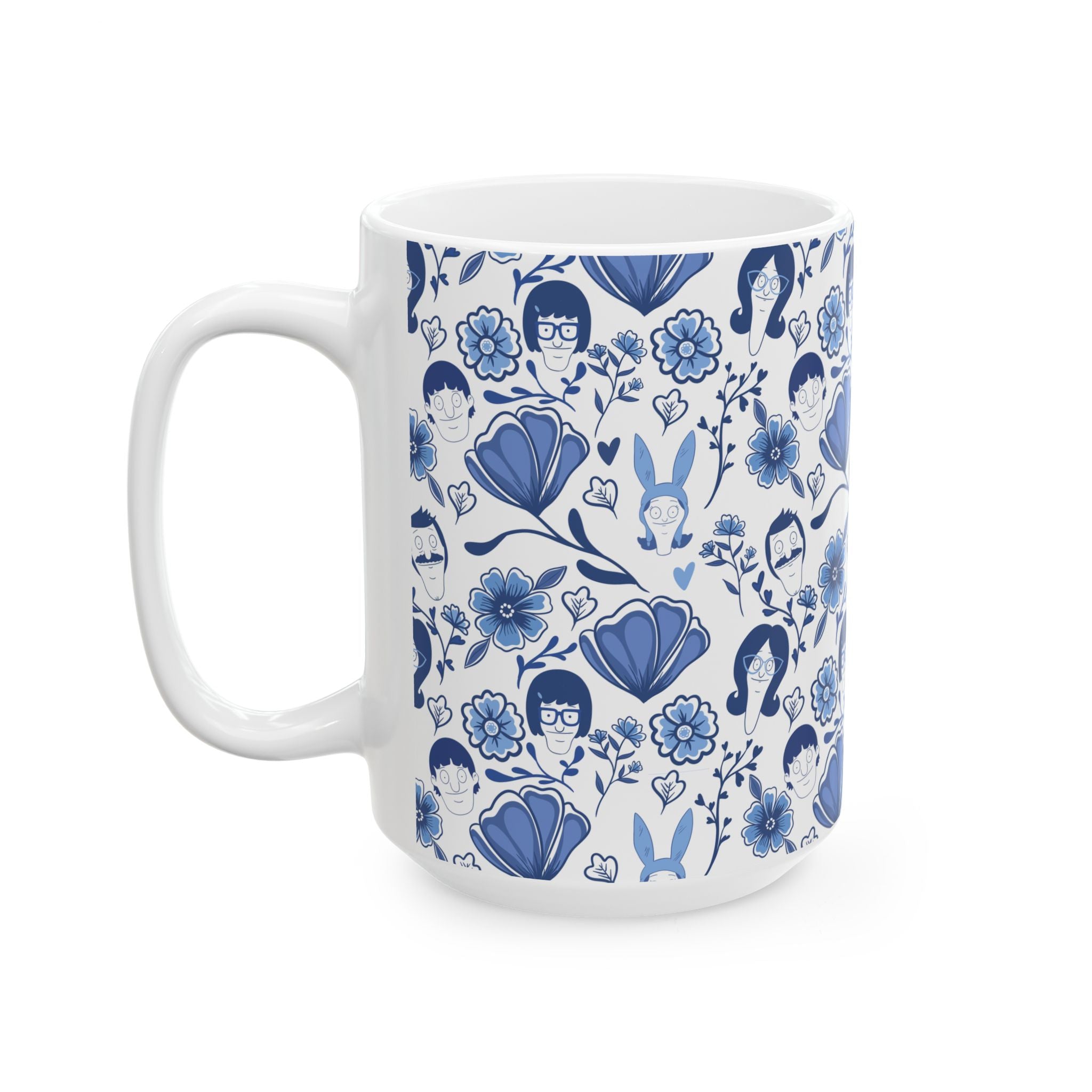 Bob's Burgers Inspired Blue Fine China Floral Pattern Ceramic Mug — Whimsical Faces & Bunny Design (11oz/15oz)
