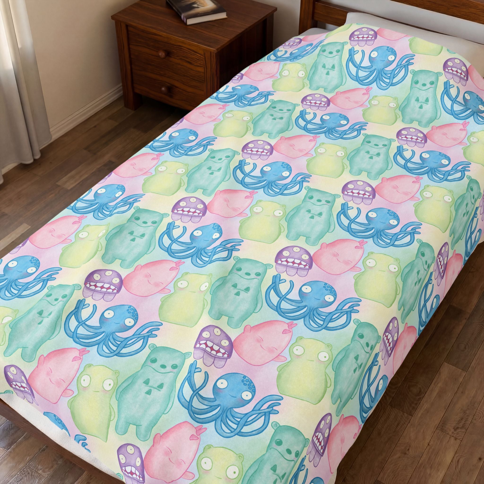 Kuchi Kopi & Friends Velveteen Plush Blanket — Soft Blue Fairy Tale Throw for Girls & Nursery