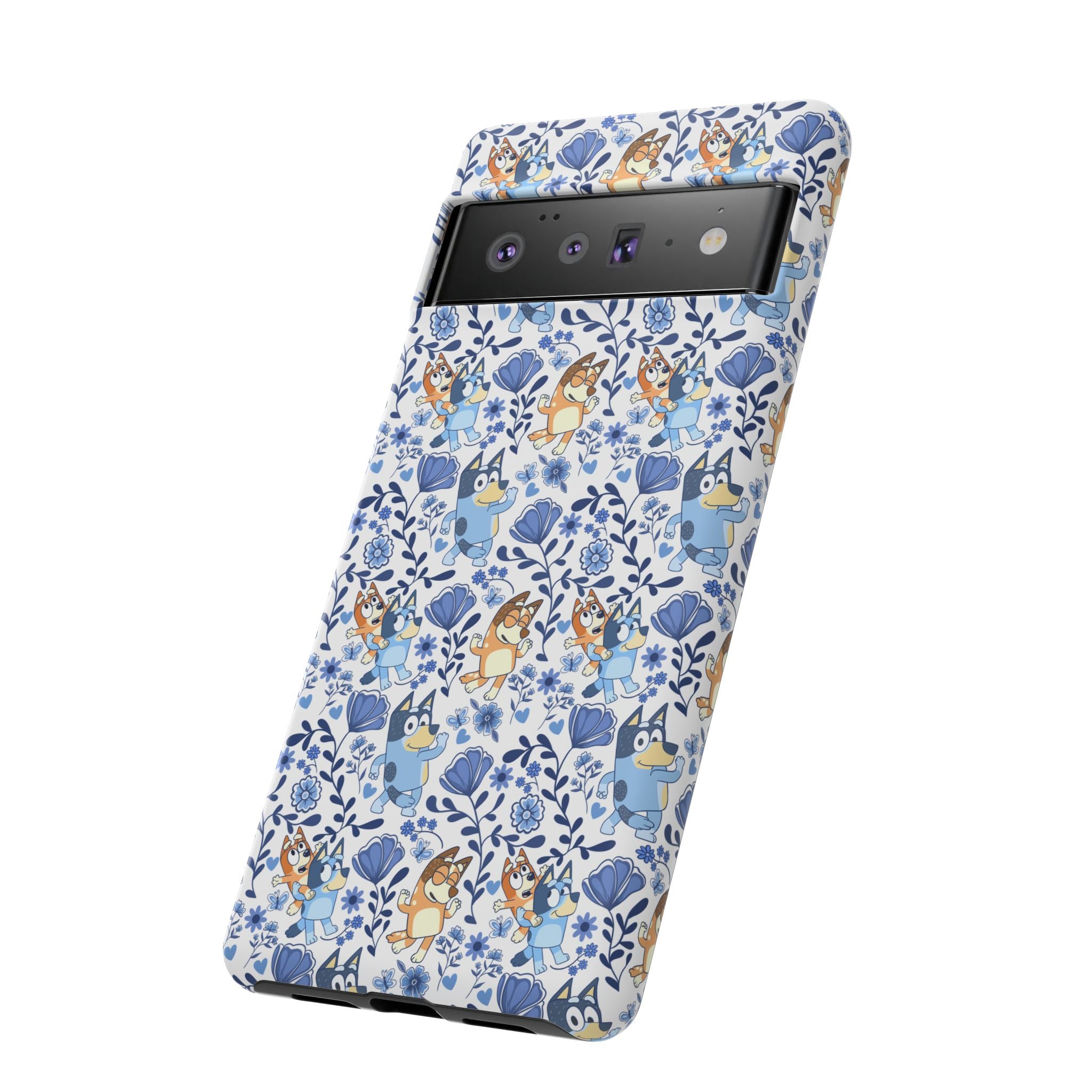 Blue Floral Fine China Cartoon Heeler Dogs Though Case for iPhone, Google, and Samsung phones