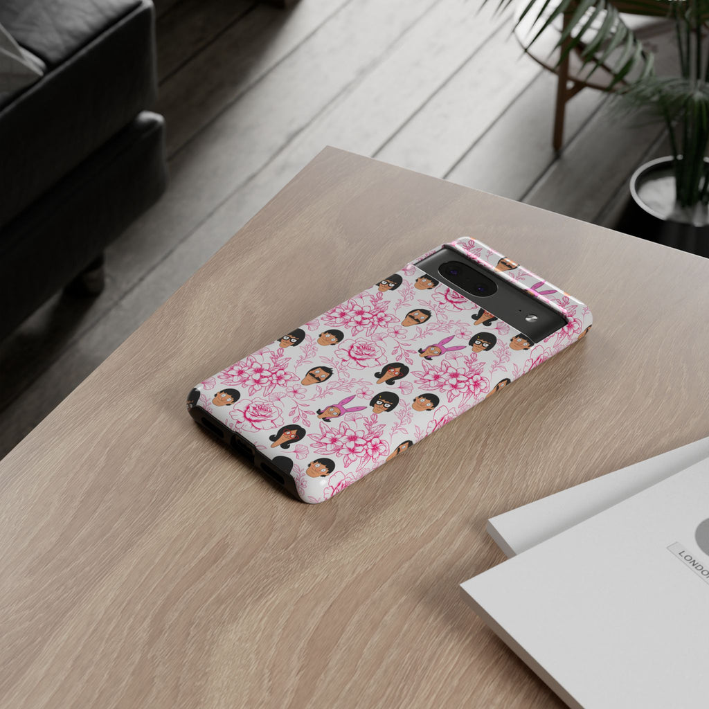 Bob's Burgers inspired Phone Case — Floral Pattern with Character Faces iPhone, Samsung, Google Phones