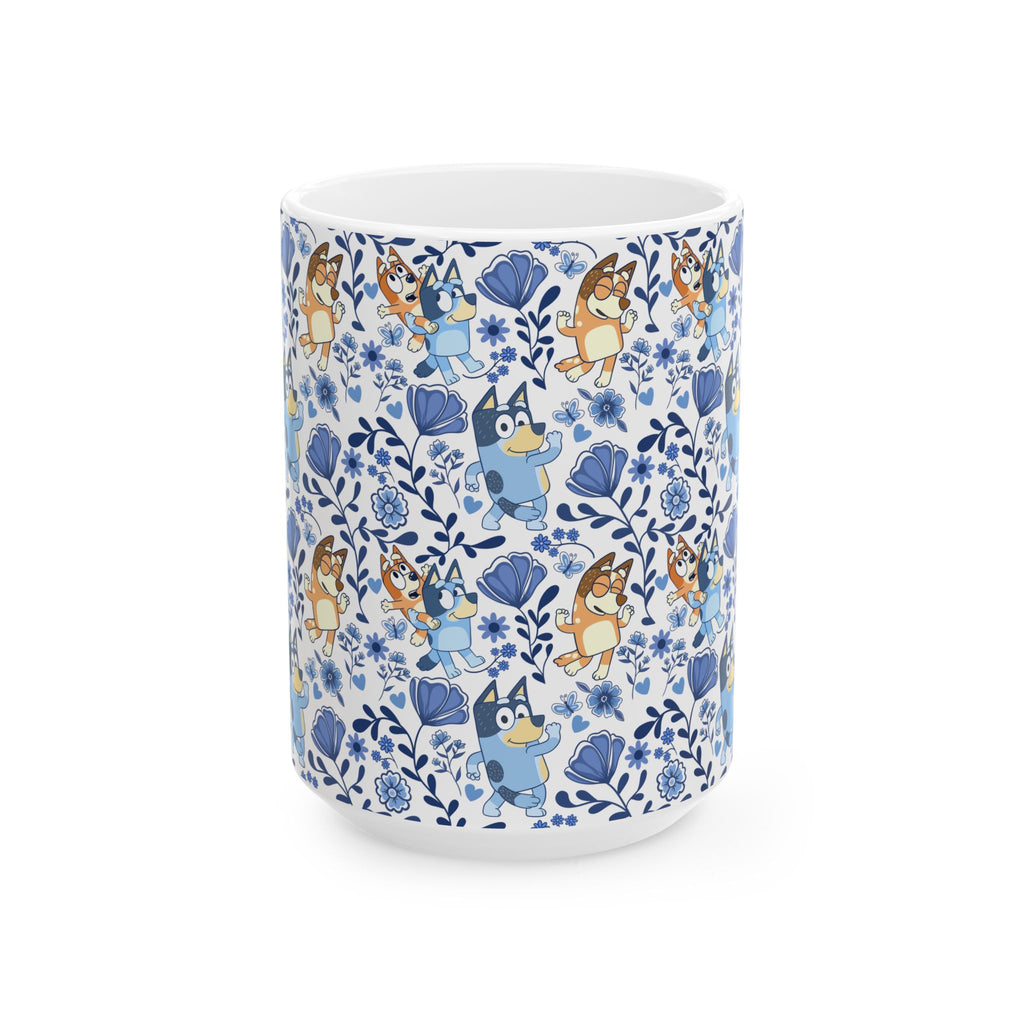 Blue Dog Family Floral Cartoon Dog Ceramic Mug – Cute Patterned Coffee Cup (11oz, 15oz)
