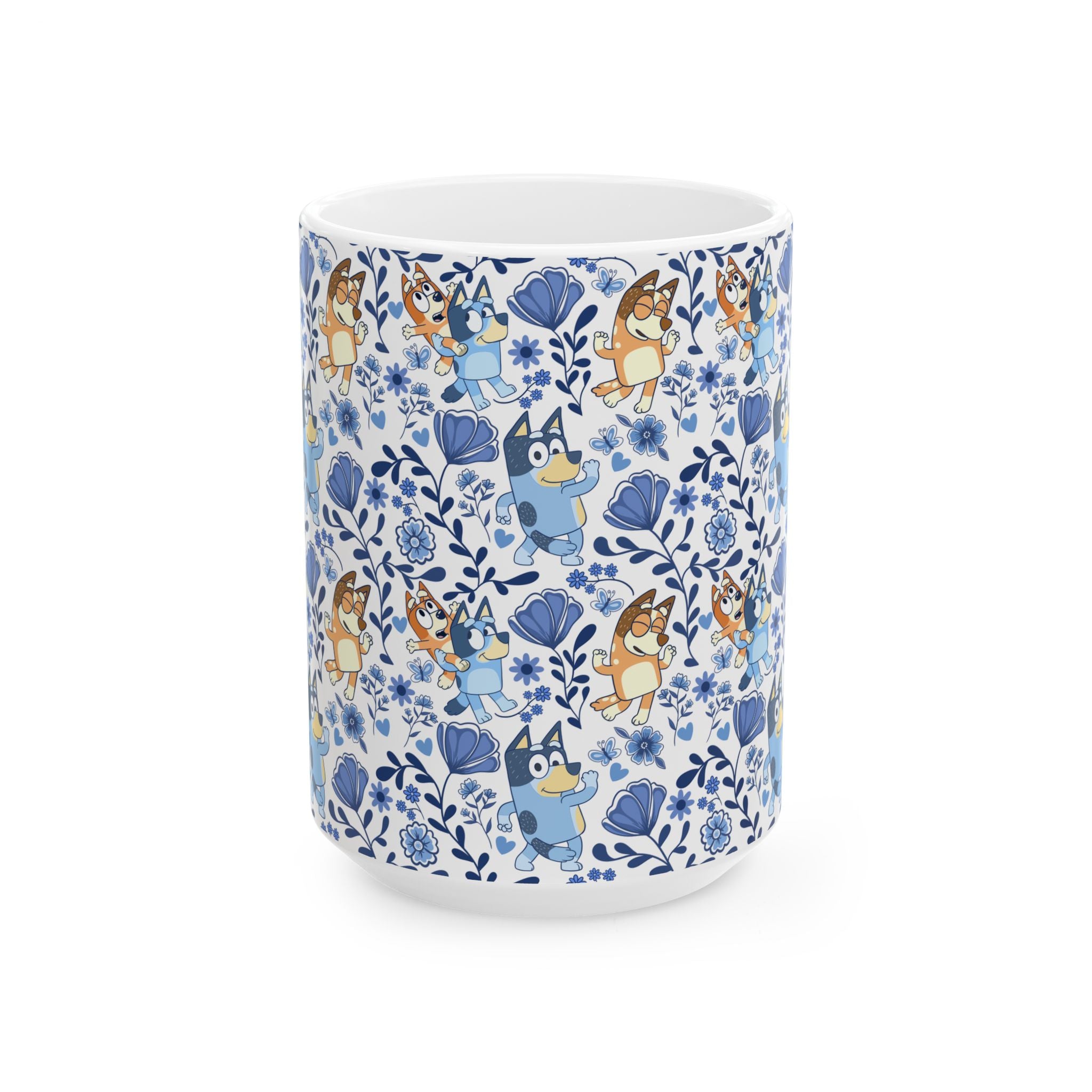 Blue Dog Family Floral Cartoon Dog Ceramic Mug – Cute Patterned Coffee Cup (11oz, 15oz)