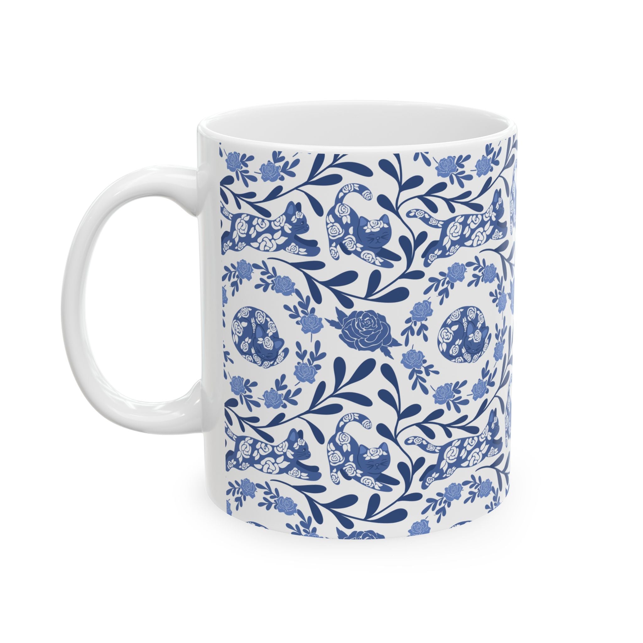 Blue Floral Kitty Mug - 11oz