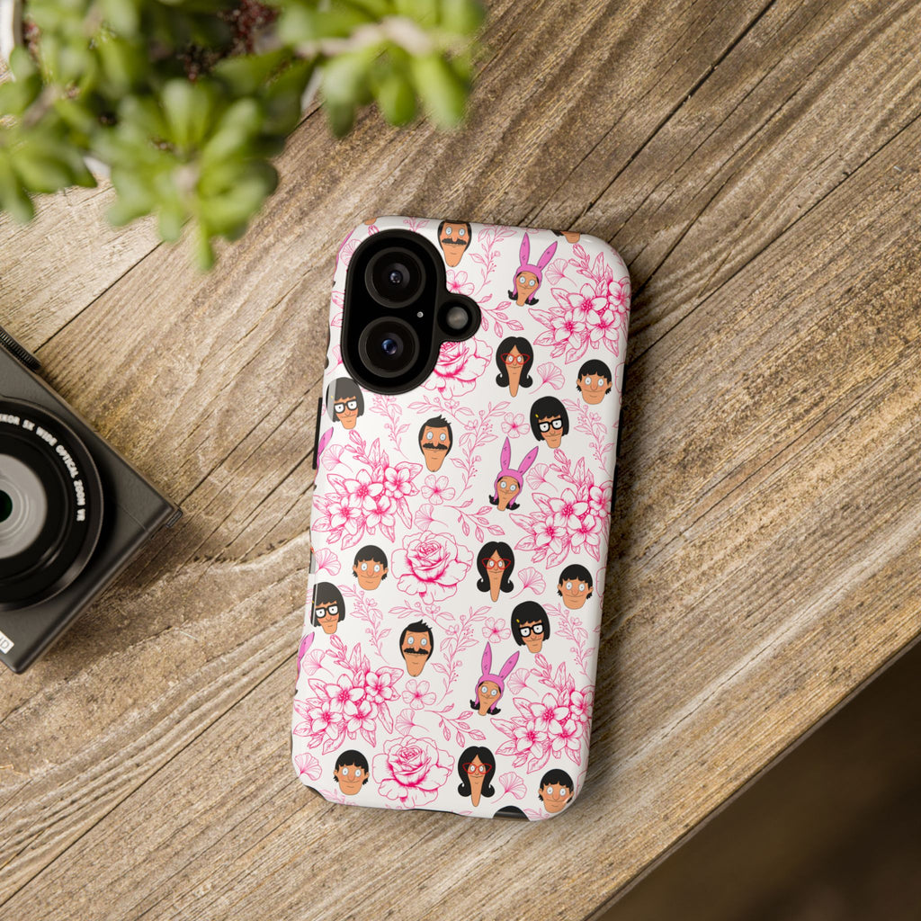 Bob's Burgers inspired Phone Case — Floral Pattern with Character Faces iPhone, Samsung, Google Phones