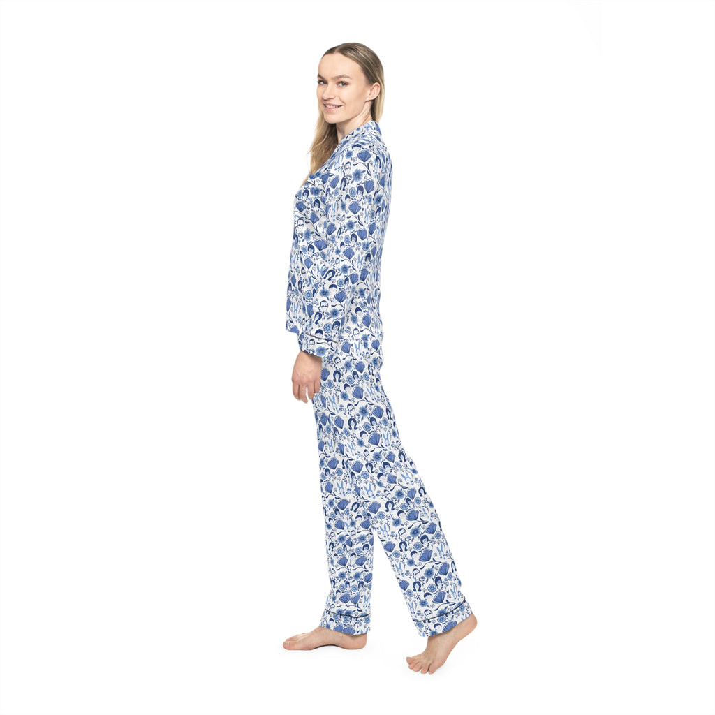 Floral Blue Satin Pajamas — Women's Printed Sleep Set