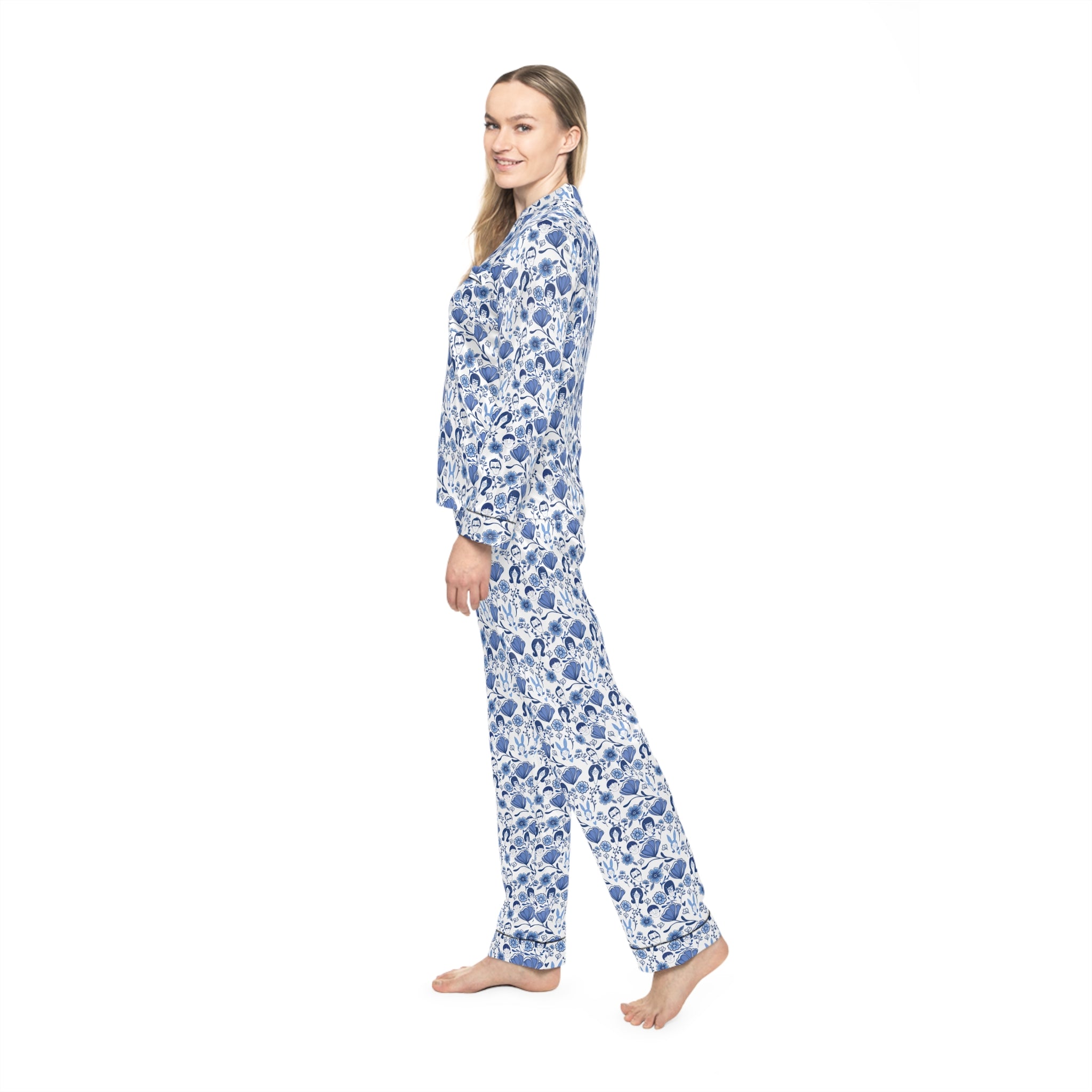 Floral Blue Satin Pajamas — Women's Printed Sleep Set
