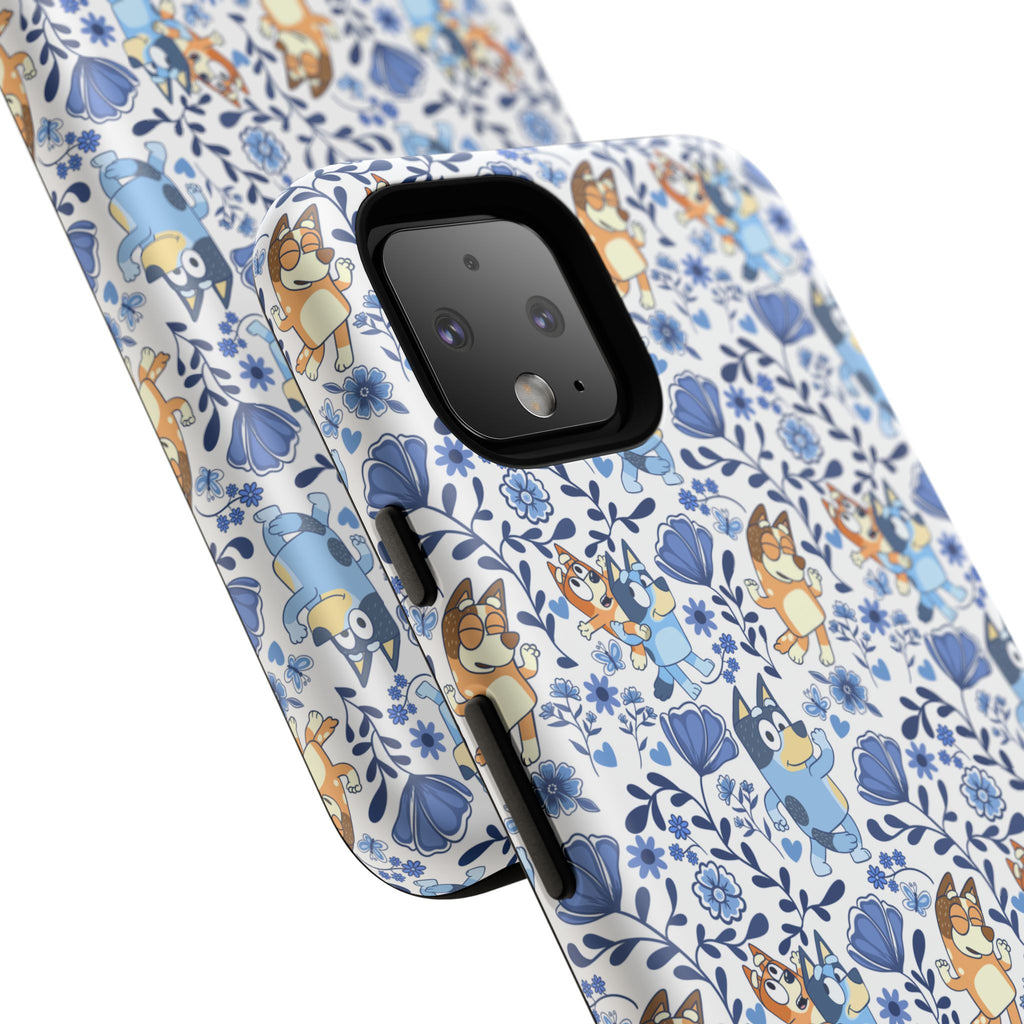 Blue Floral Fine China Cartoon Heeler Dogs Though Case for iPhone, Google, and Samsung phones