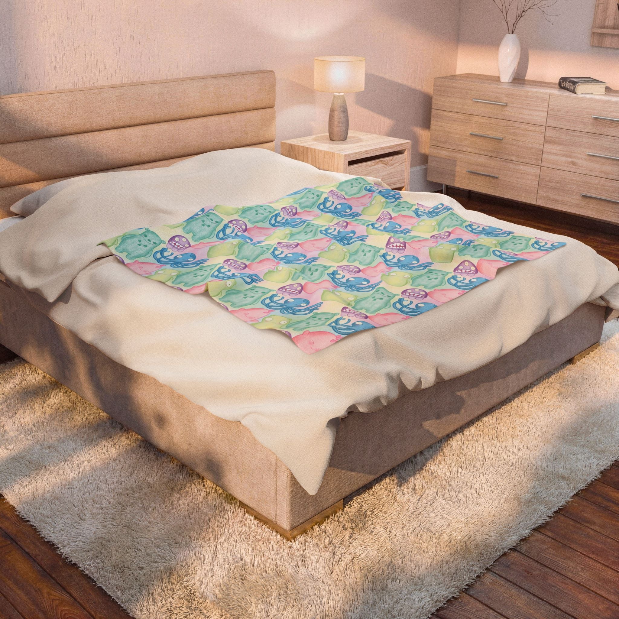Kuchi Kopi & Friends Velveteen Plush Blanket — Soft Blue Fairy Tale Throw for Girls & Nursery