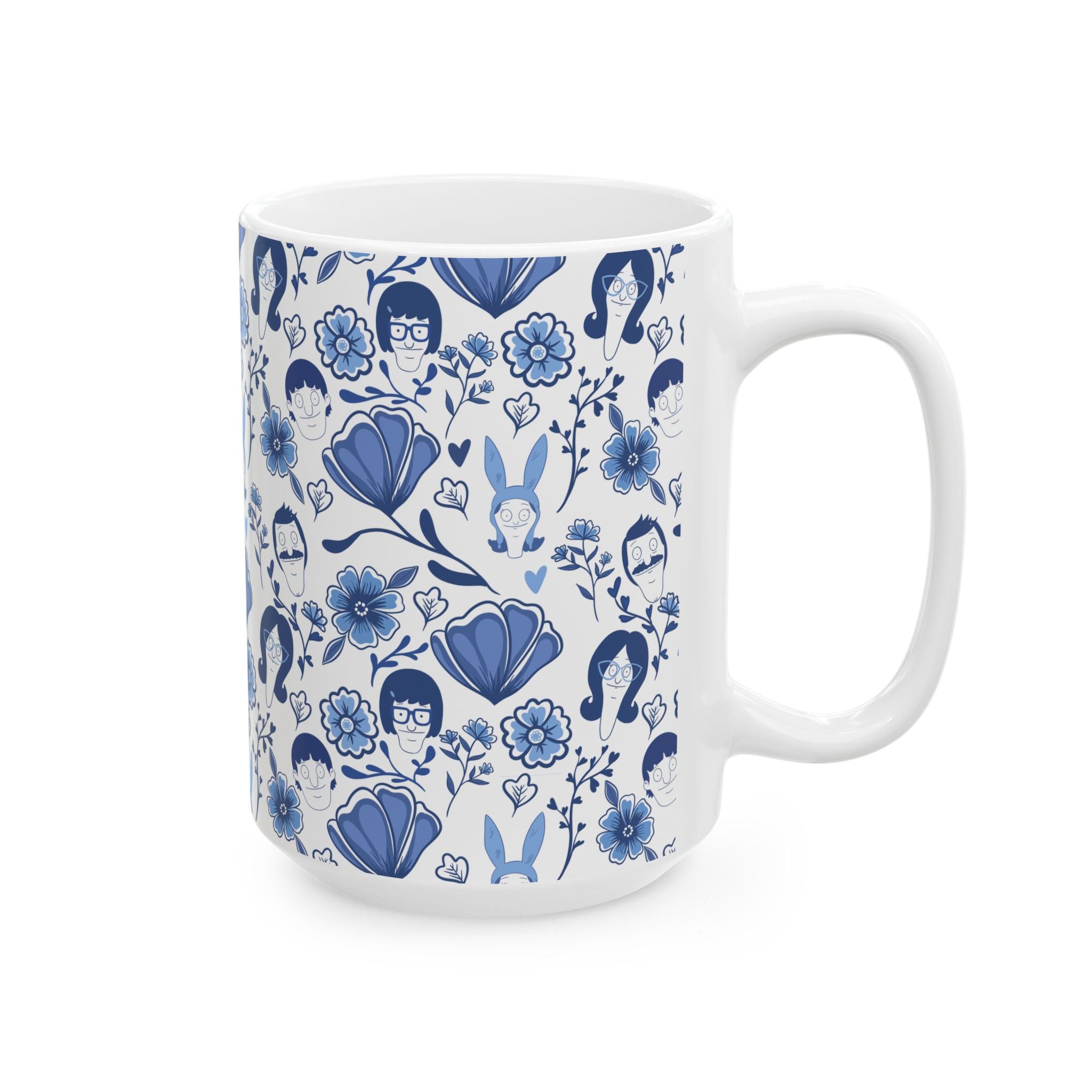 Bob's Burgers Inspired Blue Fine China Floral Pattern Ceramic Mug — Whimsical Faces & Bunny Design (11oz/15oz)