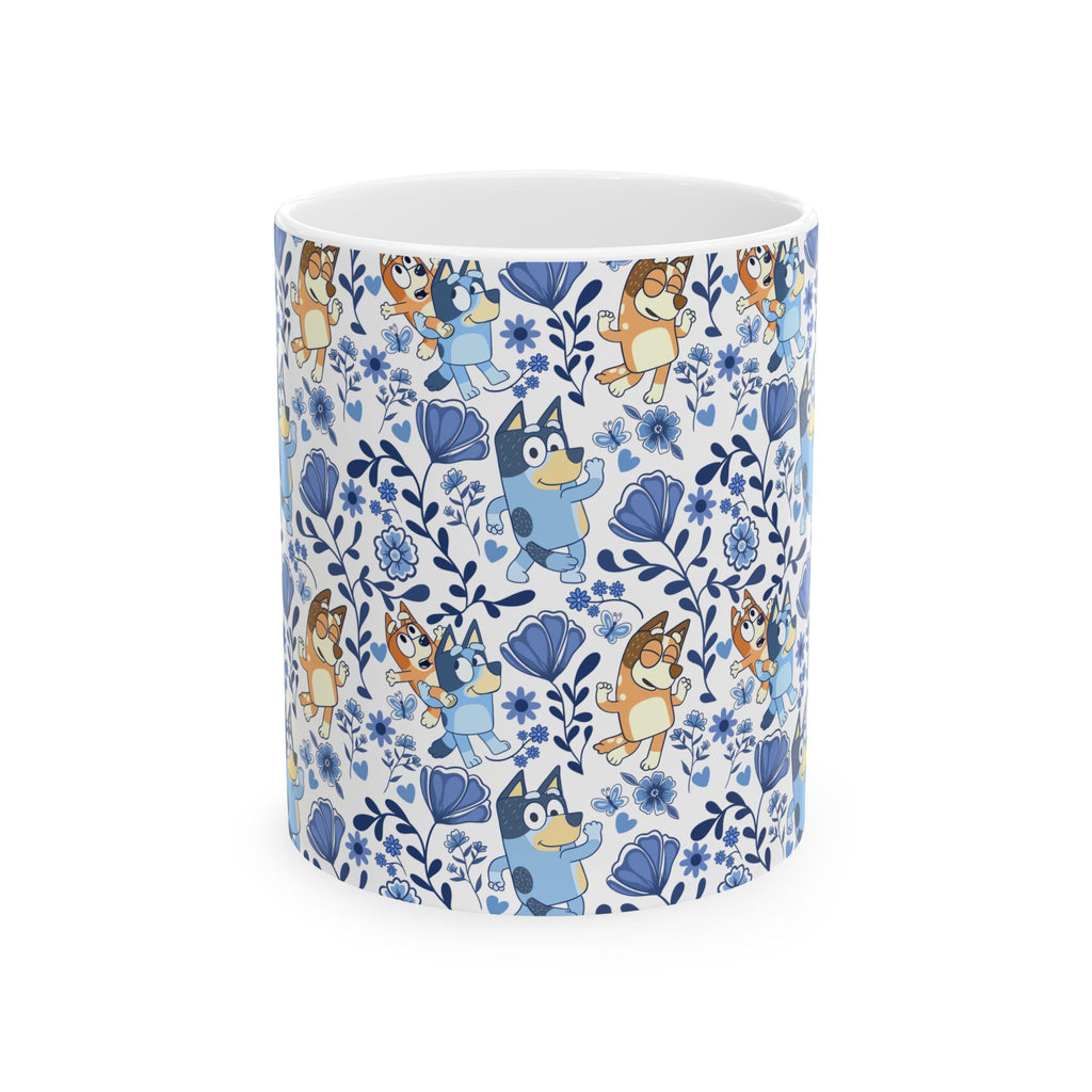 Blue Dog Family Floral Cartoon Dog Ceramic Mug – Cute Patterned Coffee Cup (11oz, 15oz)