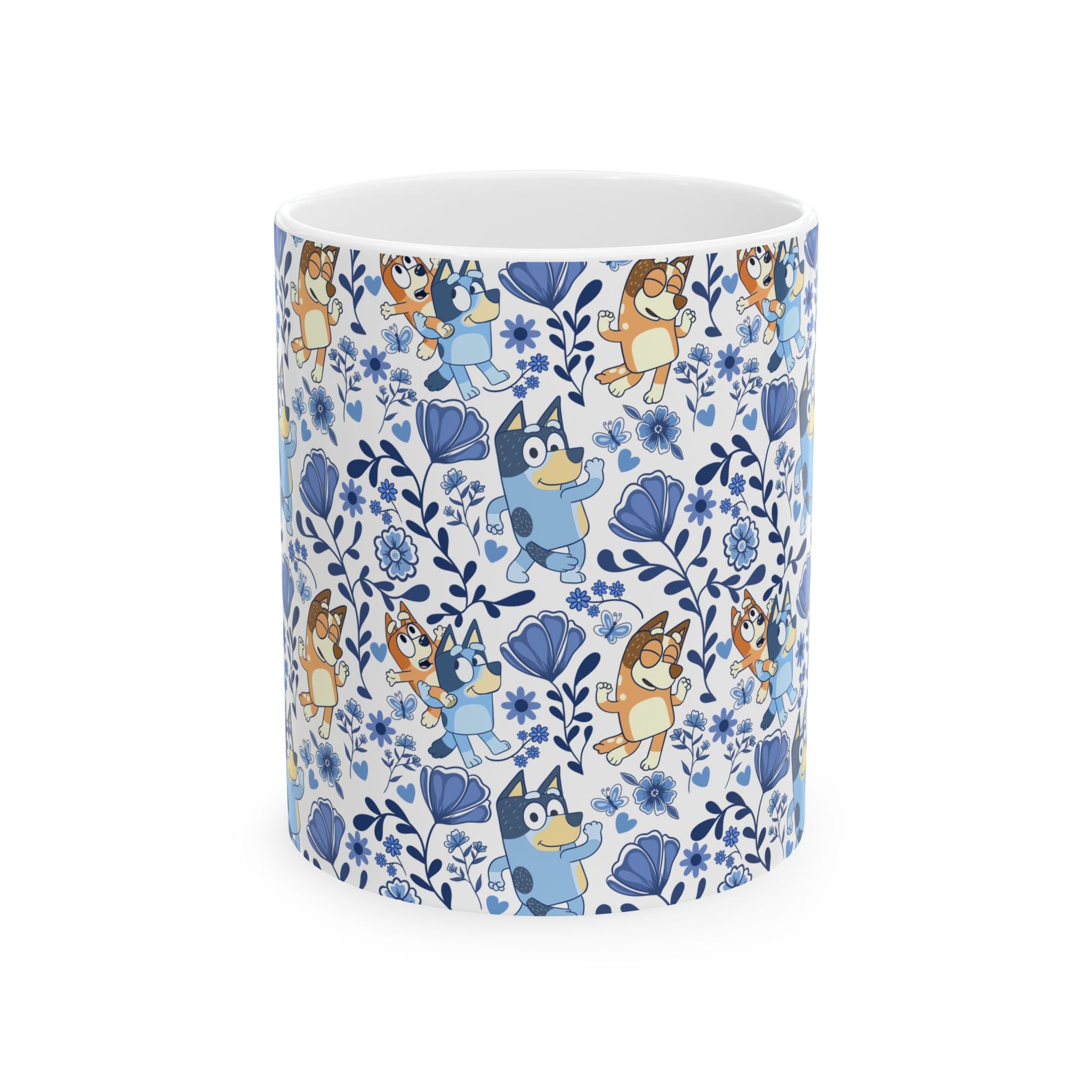 Blue Dog Family Floral Cartoon Dog Ceramic Mug – Cute Patterned Coffee Cup (11oz, 15oz)