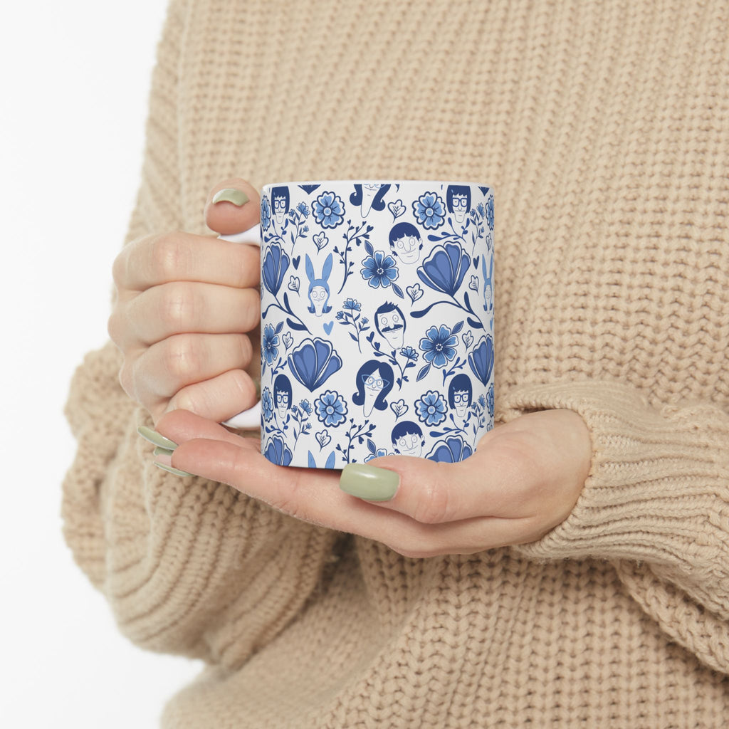 Bob's Burgers Inspired Blue Fine China Floral Pattern Ceramic Mug — Whimsical Faces & Bunny Design (11oz/15oz)