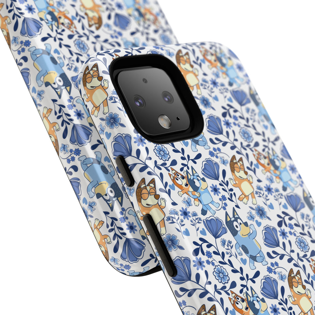 Blue Floral Fine China Cartoon Heeler Dogs Though Case for iPhone, Google, and Samsung phones