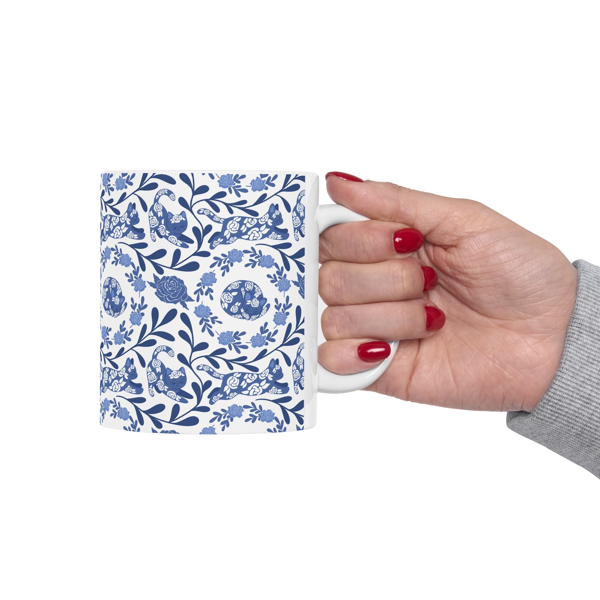 Blue Floral Kitty Mug - 11oz