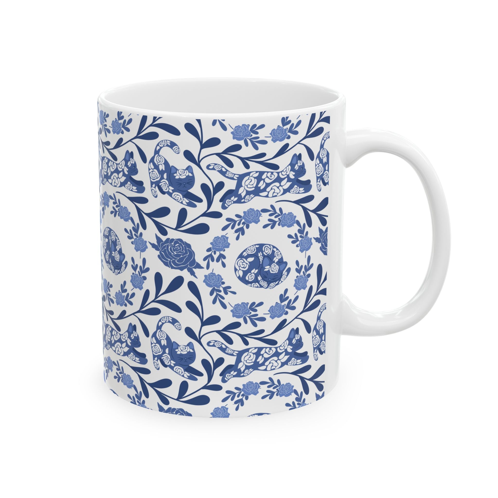 Blue Floral Kitty Mug - 11oz