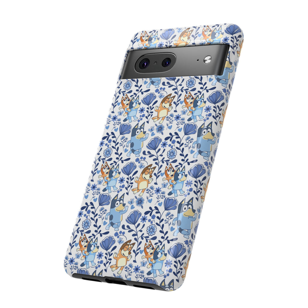 Blue Floral Fine China Cartoon Heeler Dogs Though Case for iPhone, Google, and Samsung phones