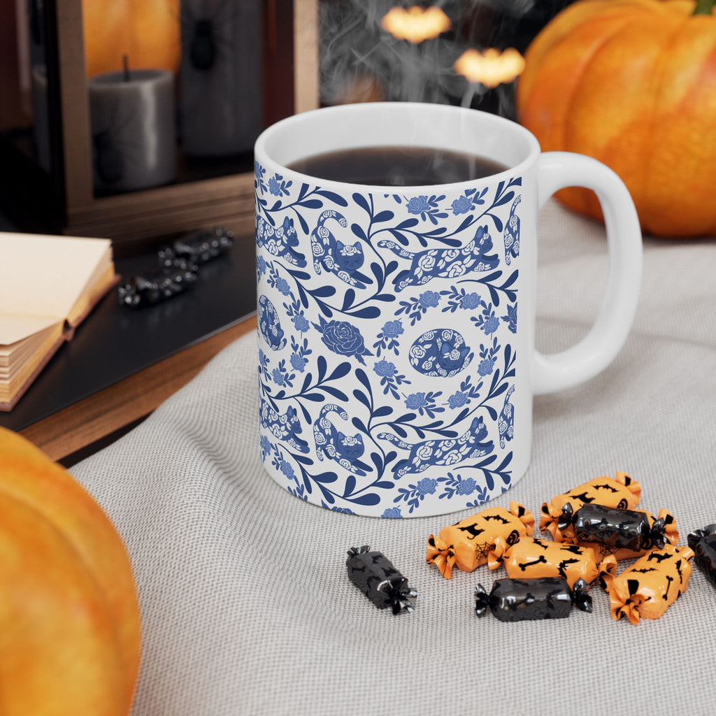 Blue Floral Kitty Mug - 11oz