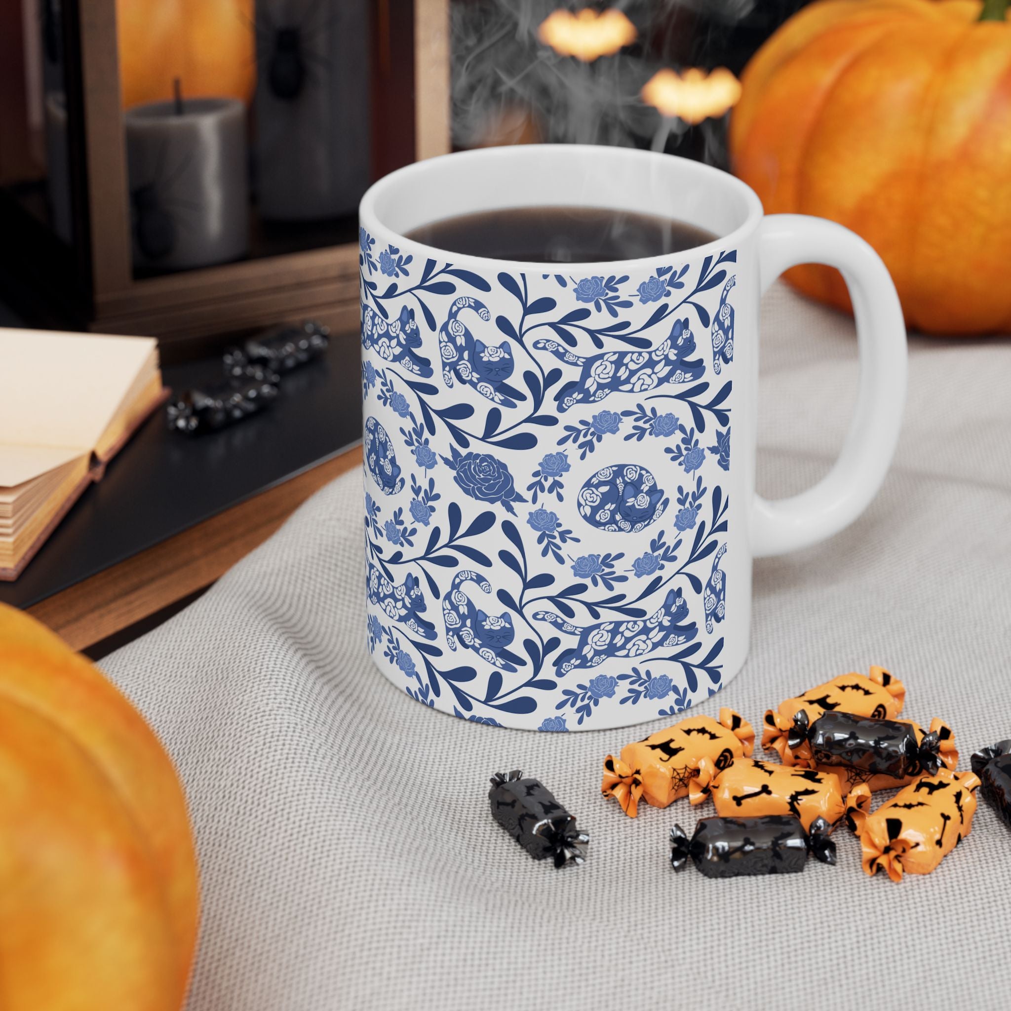 Blue Floral Kitty Mug - 11oz