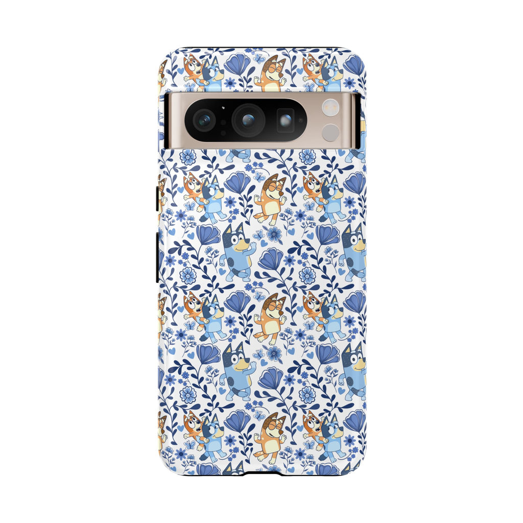 Blue Floral Fine China Cartoon Heeler Dogs Though Case for iPhone, Google, and Samsung phones