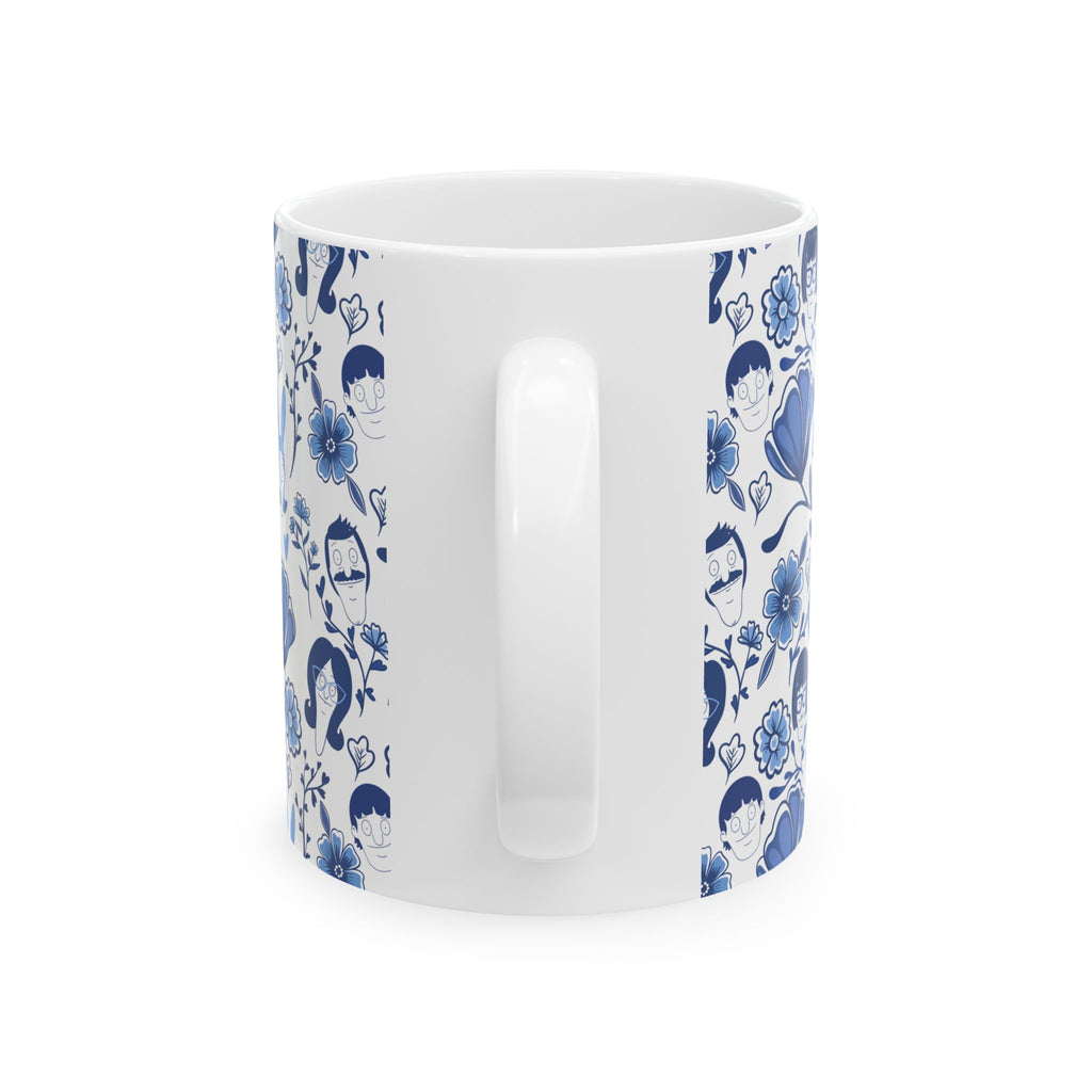 Bob's Burgers Inspired Blue Fine China Floral Pattern Ceramic Mug — Whimsical Faces & Bunny Design (11oz/15oz)