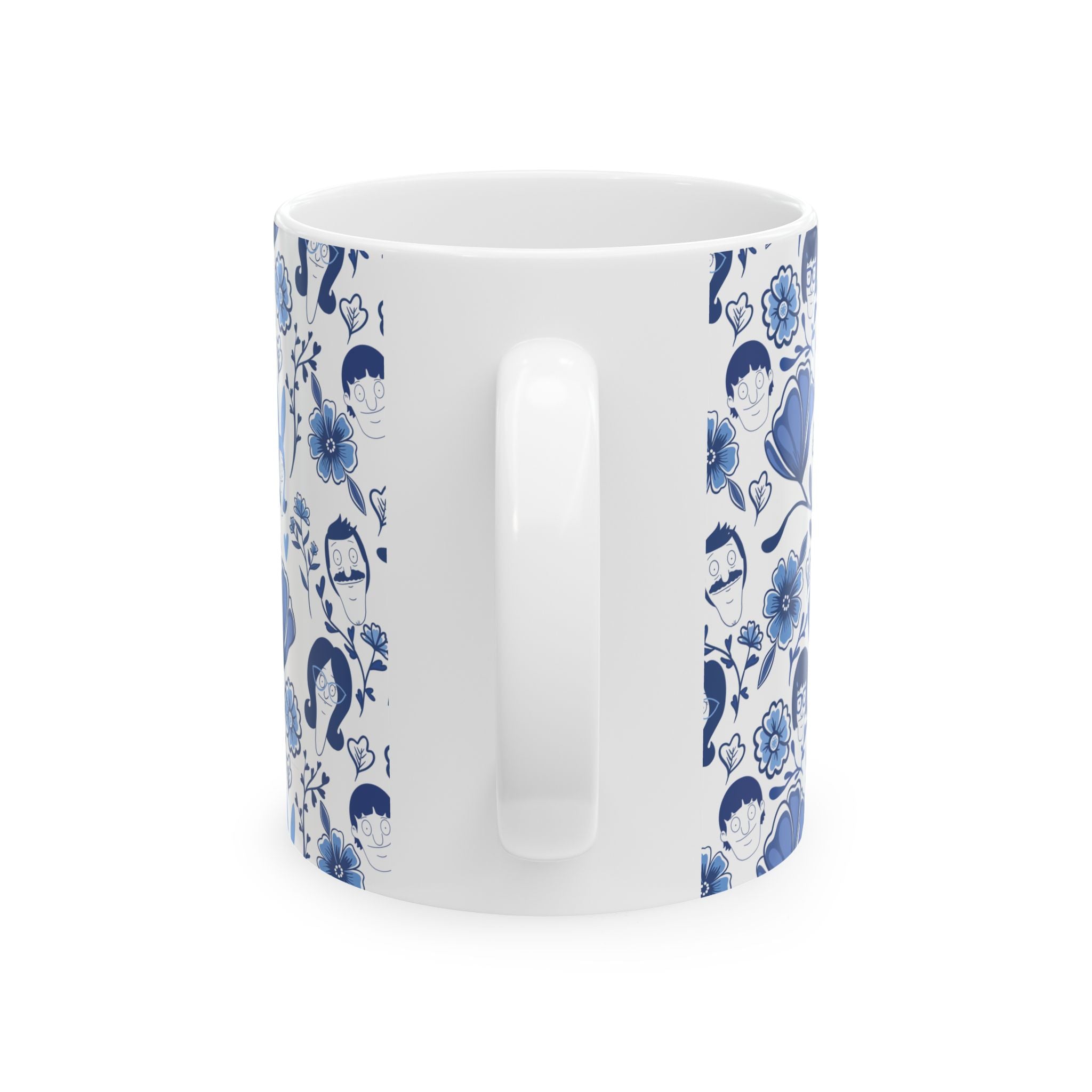 Bob's Burgers Inspired Blue Fine China Floral Pattern Ceramic Mug — Whimsical Faces & Bunny Design (11oz/15oz)