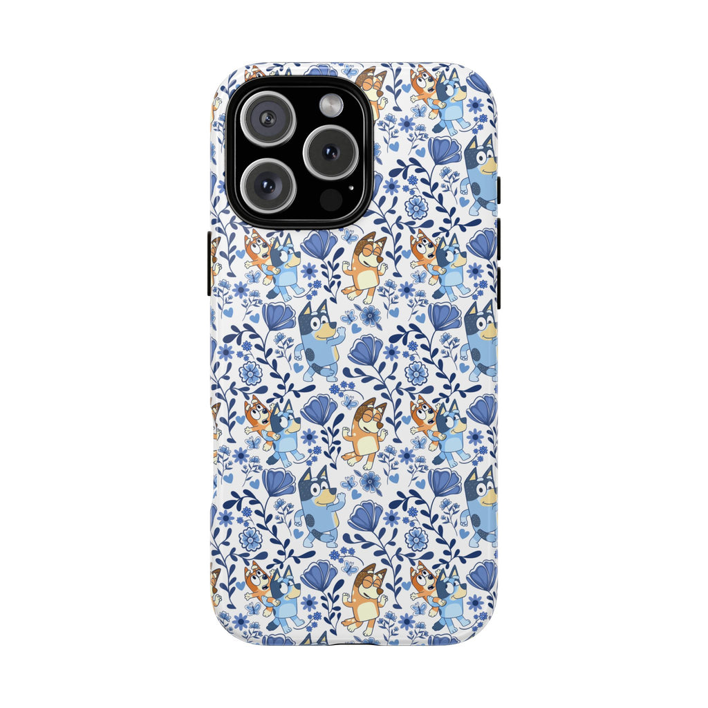 Blue Floral Fine China Cartoon Heeler Dogs Though Case for iPhone, Google, and Samsung phones