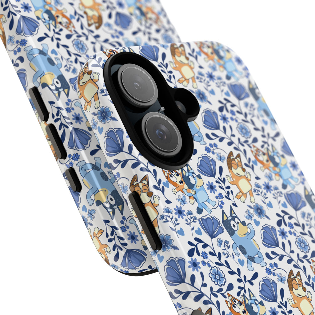Blue Floral Fine China Cartoon Heeler Dogs Though Case for iPhone, Google, and Samsung phones