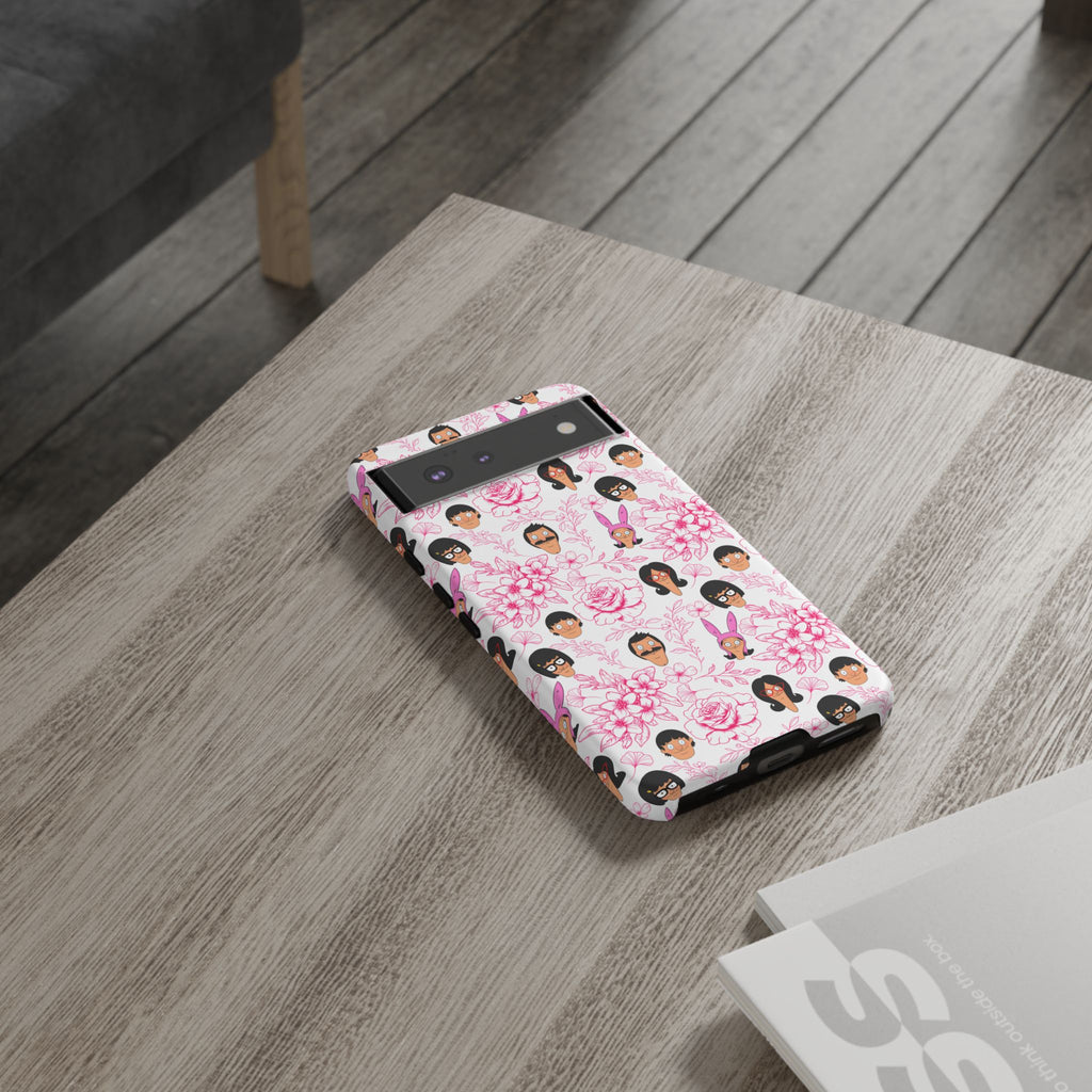 Bob's Burgers inspired Phone Case — Floral Pattern with Character Faces iPhone, Samsung, Google Phones