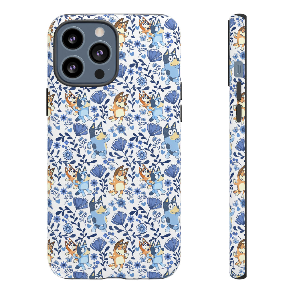 Blue Floral Fine China Cartoon Heeler Dogs Though Case for iPhone, Google, and Samsung phones