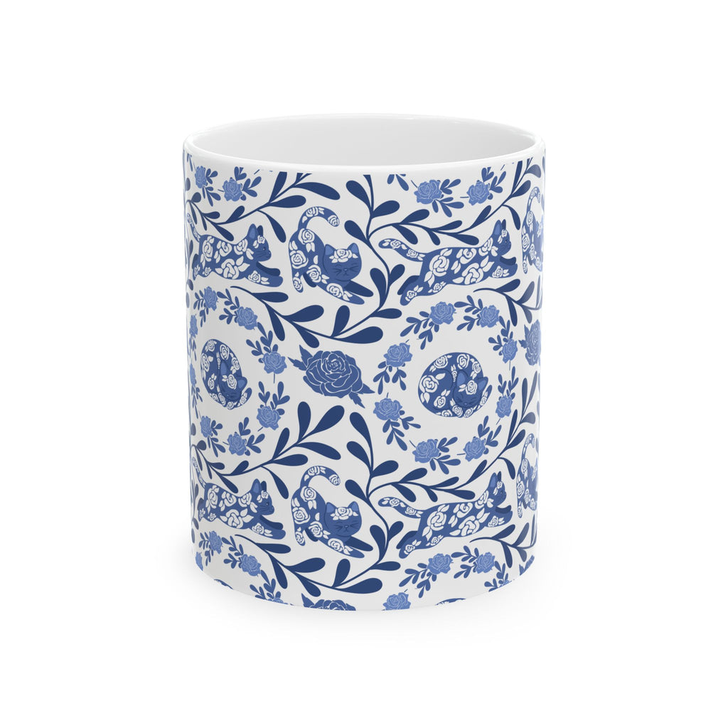 Blue Floral Kitty Mug - 11oz