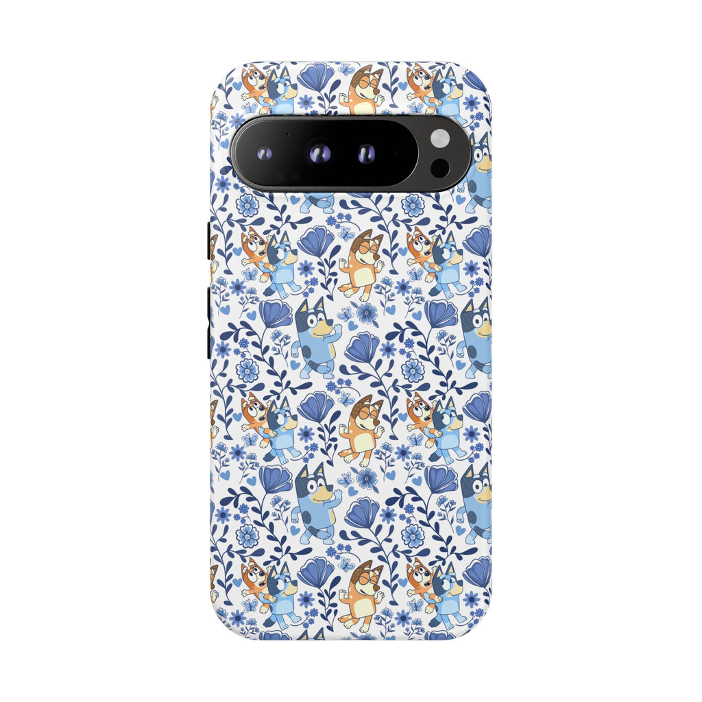 Blue Floral Fine China Cartoon Heeler Dogs Though Case for iPhone, Google, and Samsung phones
