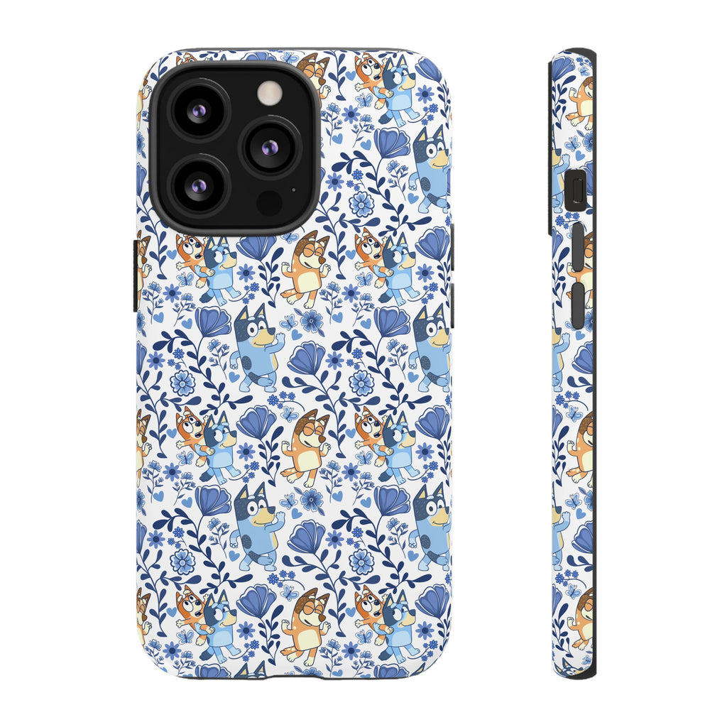 Blue Floral Fine China Cartoon Heeler Dogs Though Case for iPhone, Google, and Samsung phones