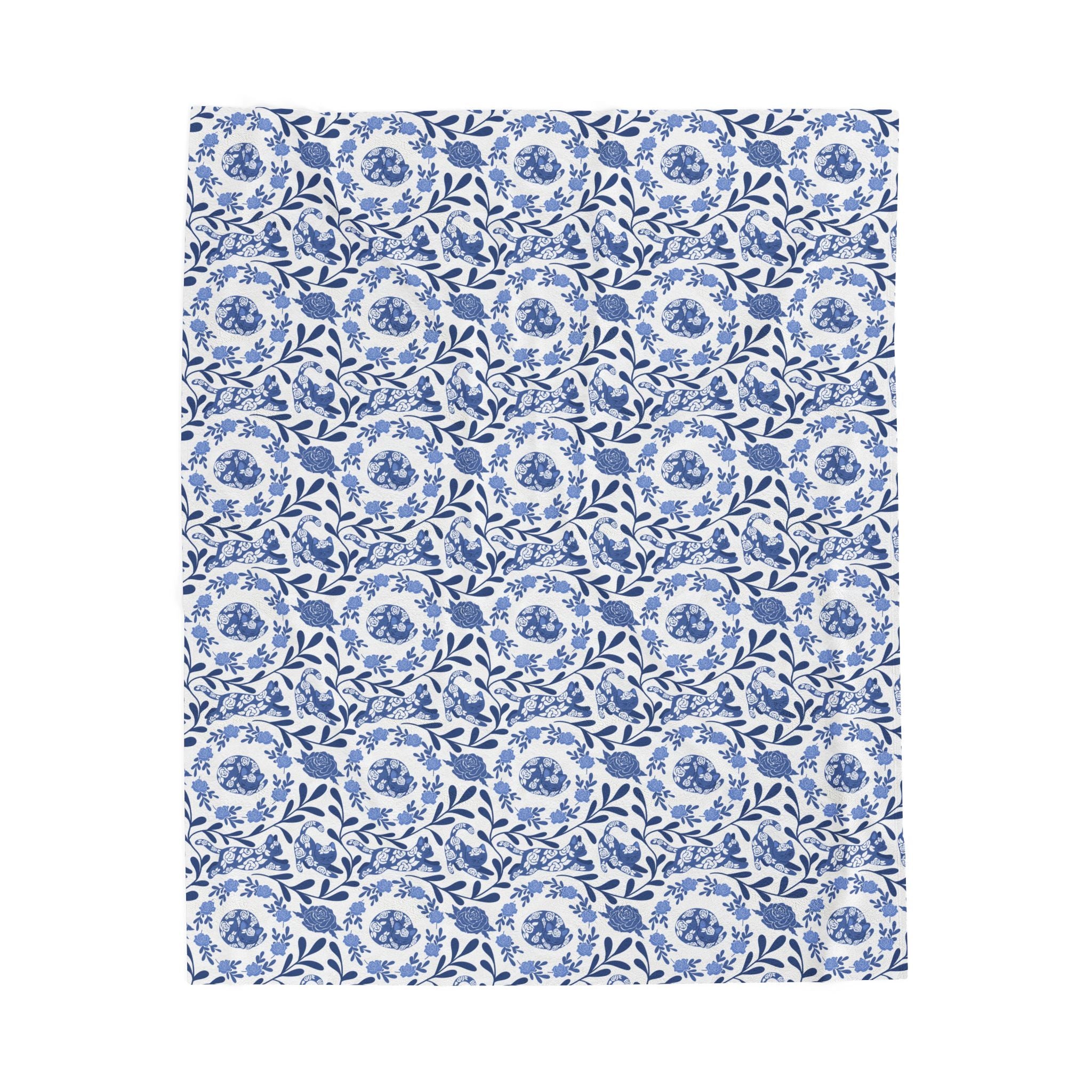 Kitty Blue Floral Velveteen Plush Blanket — Soft Decorative Throw for Cozy Home, Gift