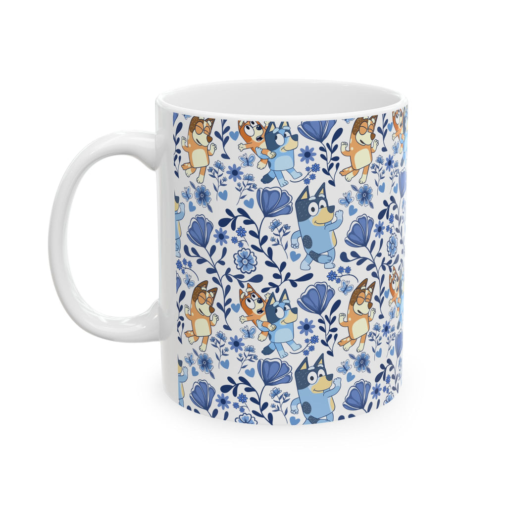 Blue Dog Family Floral Cartoon Dog Ceramic Mug – Cute Patterned Coffee Cup (11oz, 15oz)