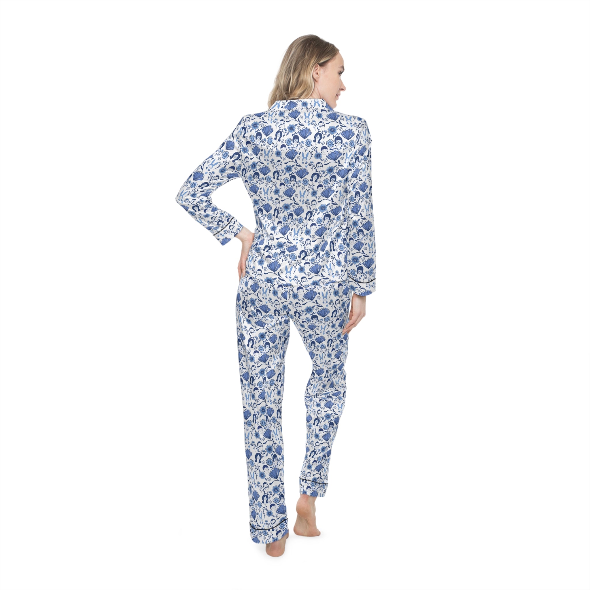 Floral Blue Satin Pajamas — Women's Printed Sleep Set