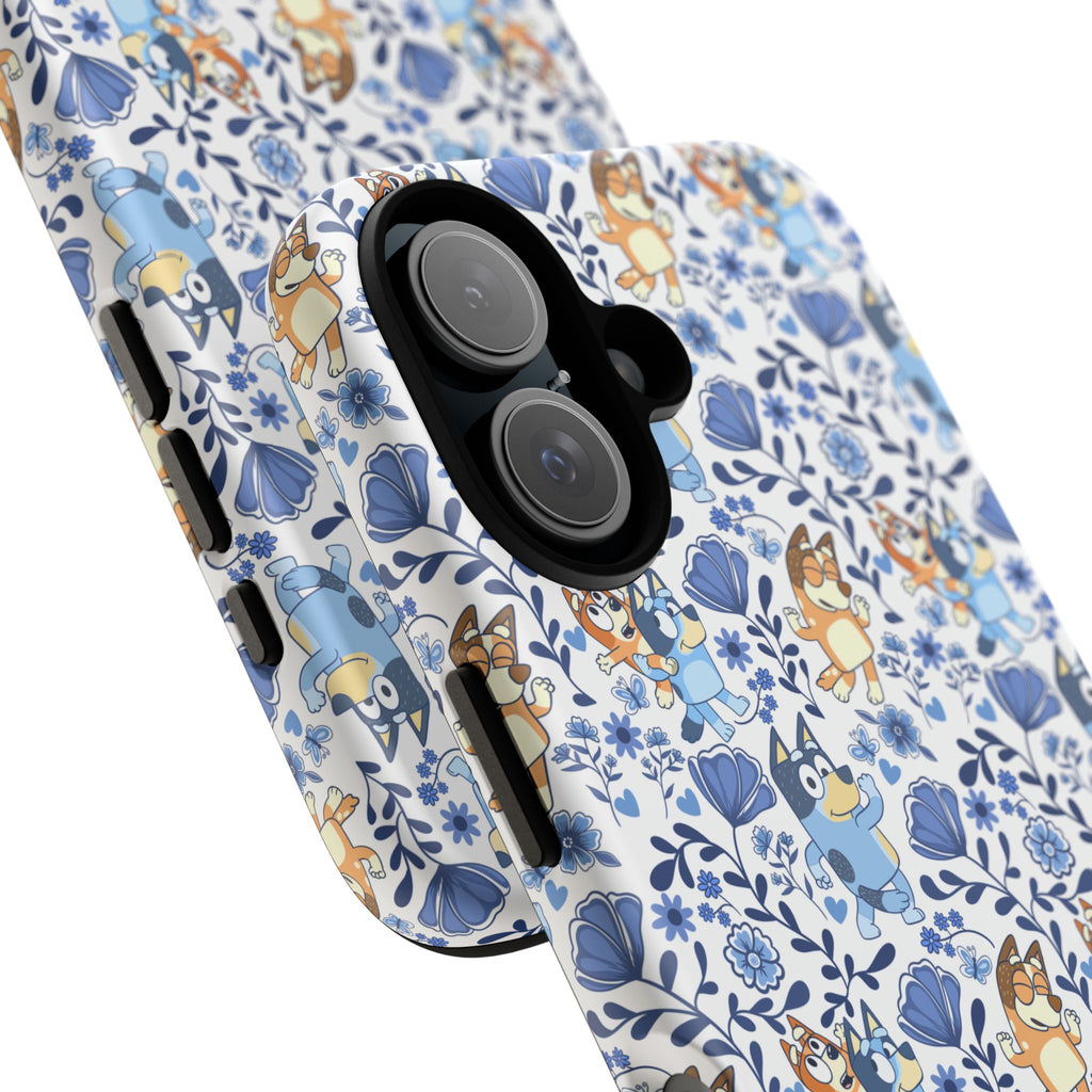 Blue Floral Fine China Cartoon Heeler Dogs Though Case for iPhone, Google, and Samsung phones