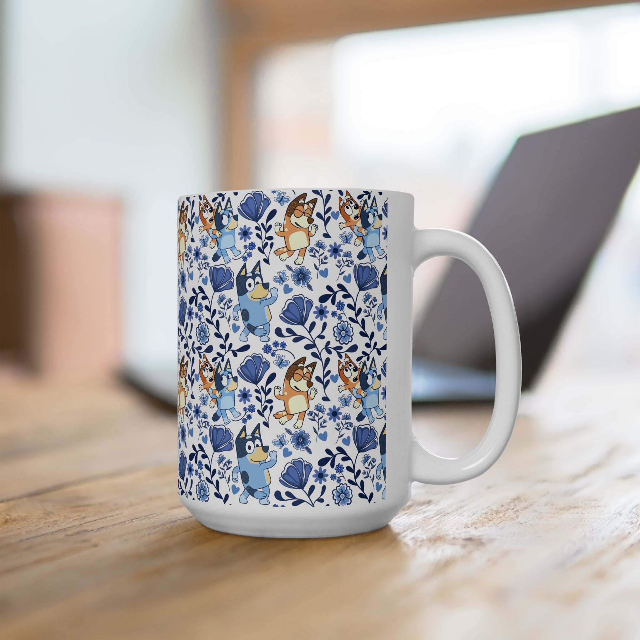 Blue Dog Family Floral Cartoon Dog Ceramic Mug – Cute Patterned Coffee Cup (11oz, 15oz)