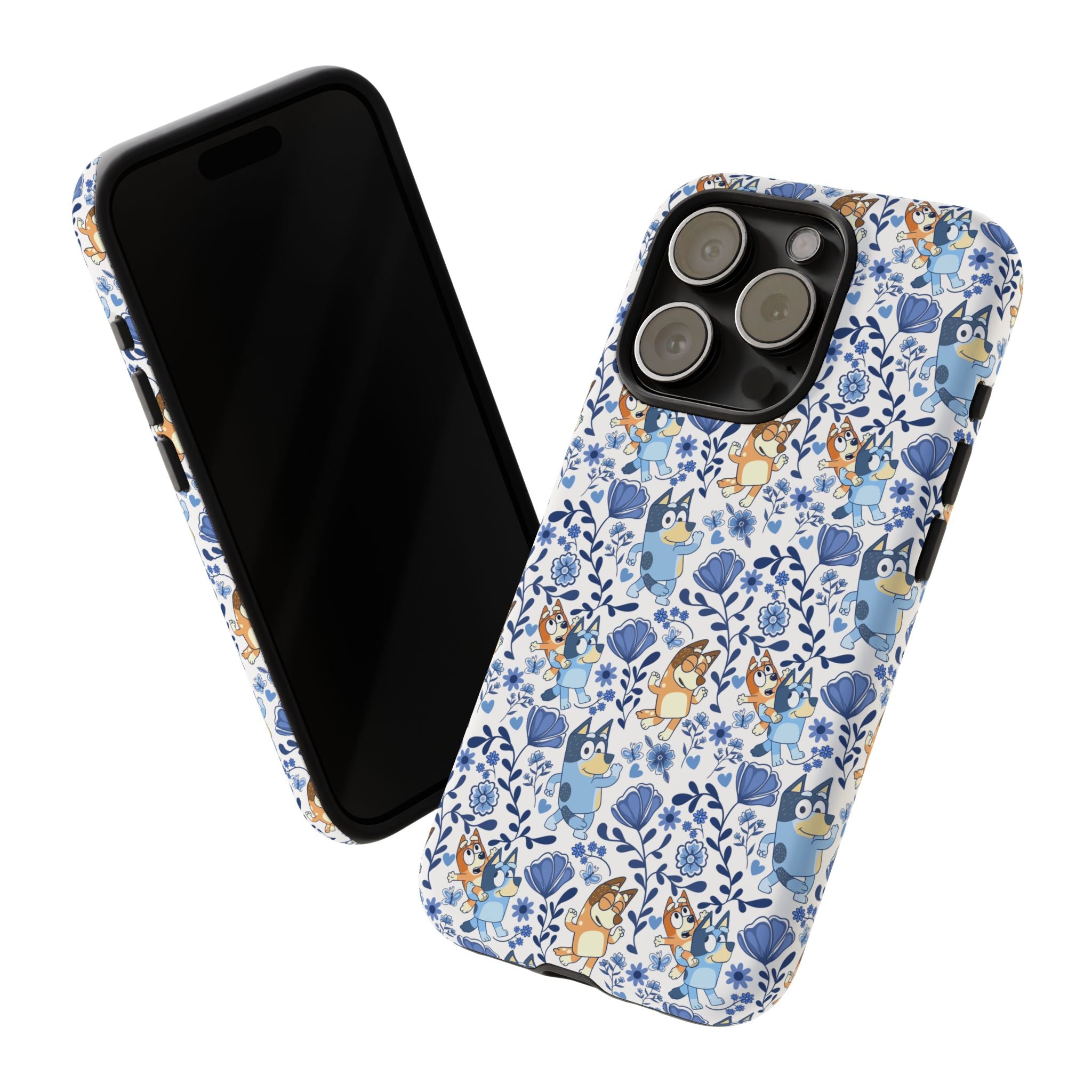 Blue Floral Fine China Cartoon Heeler Dogs Though Case for iPhone, Google, and Samsung phones