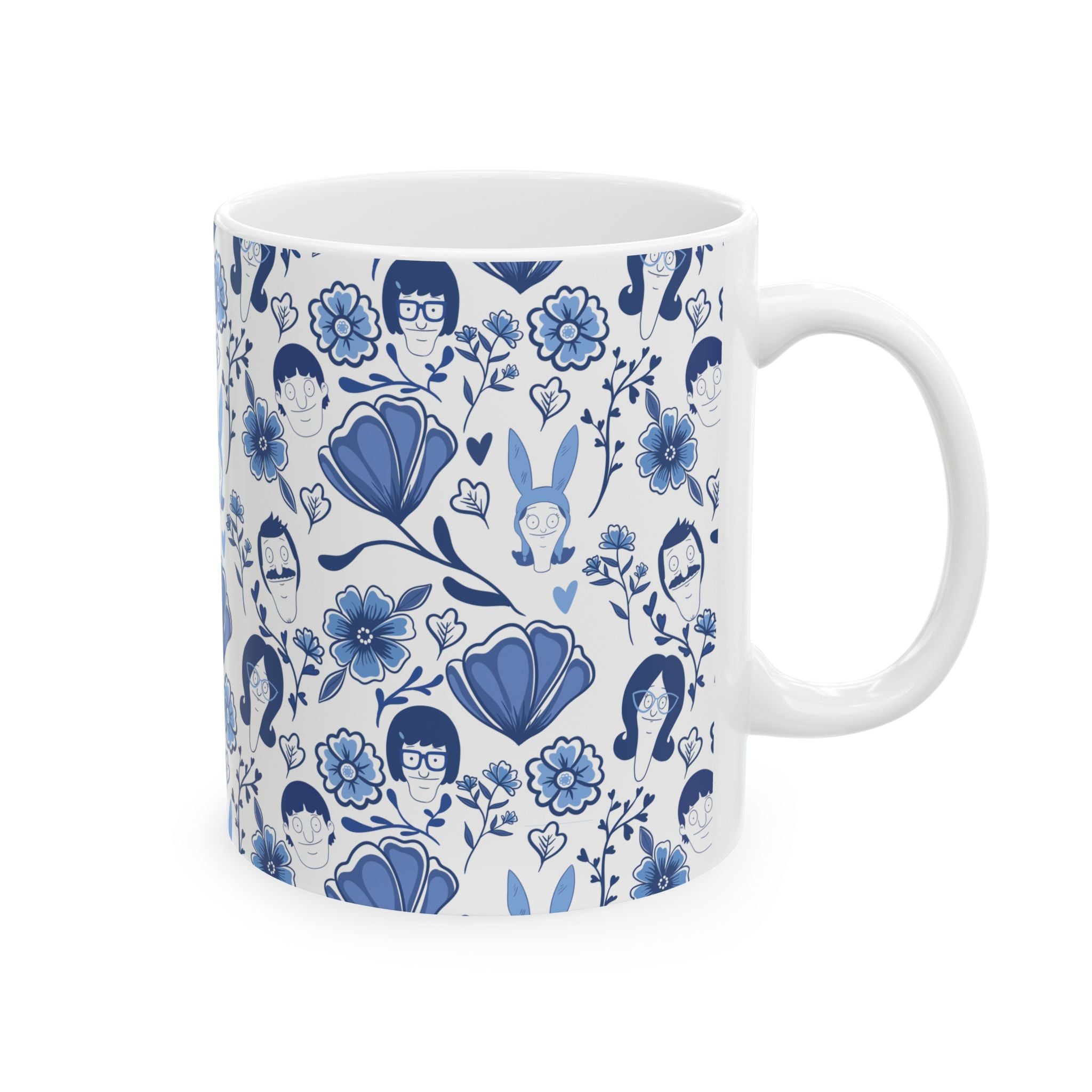 Bob's Burgers Inspired Blue Fine China Floral Pattern Ceramic Mug — Whimsical Faces & Bunny Design (11oz/15oz)