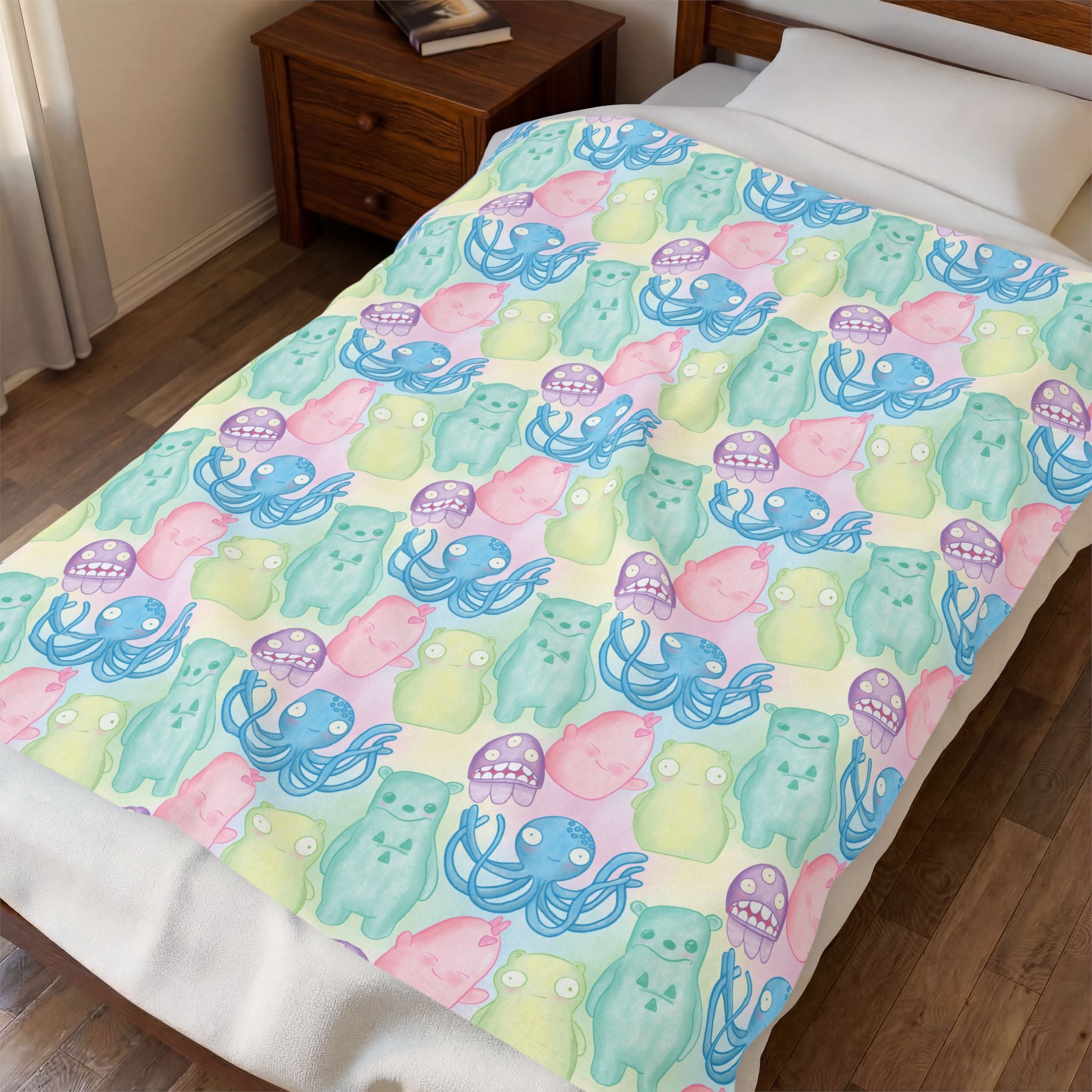 Kuchi Kopi & Friends Velveteen Plush Blanket — Soft Blue Fairy Tale Throw for Girls & Nursery