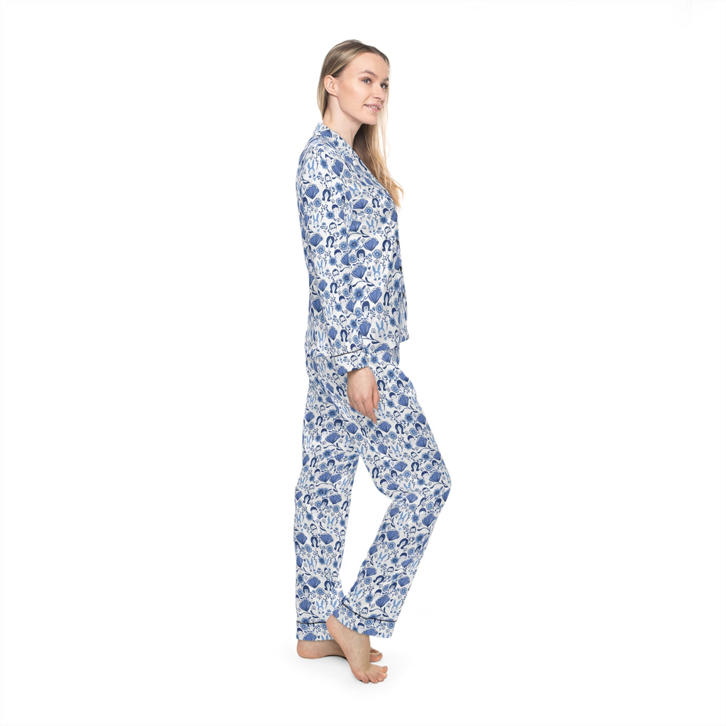 Floral Blue Satin Pajamas — Women's Printed Sleep Set