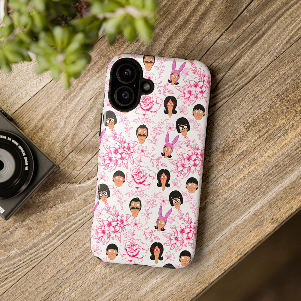 Bob's Burgers inspired Phone Case — Floral Pattern with Character Faces iPhone, Samsung, Google Phones