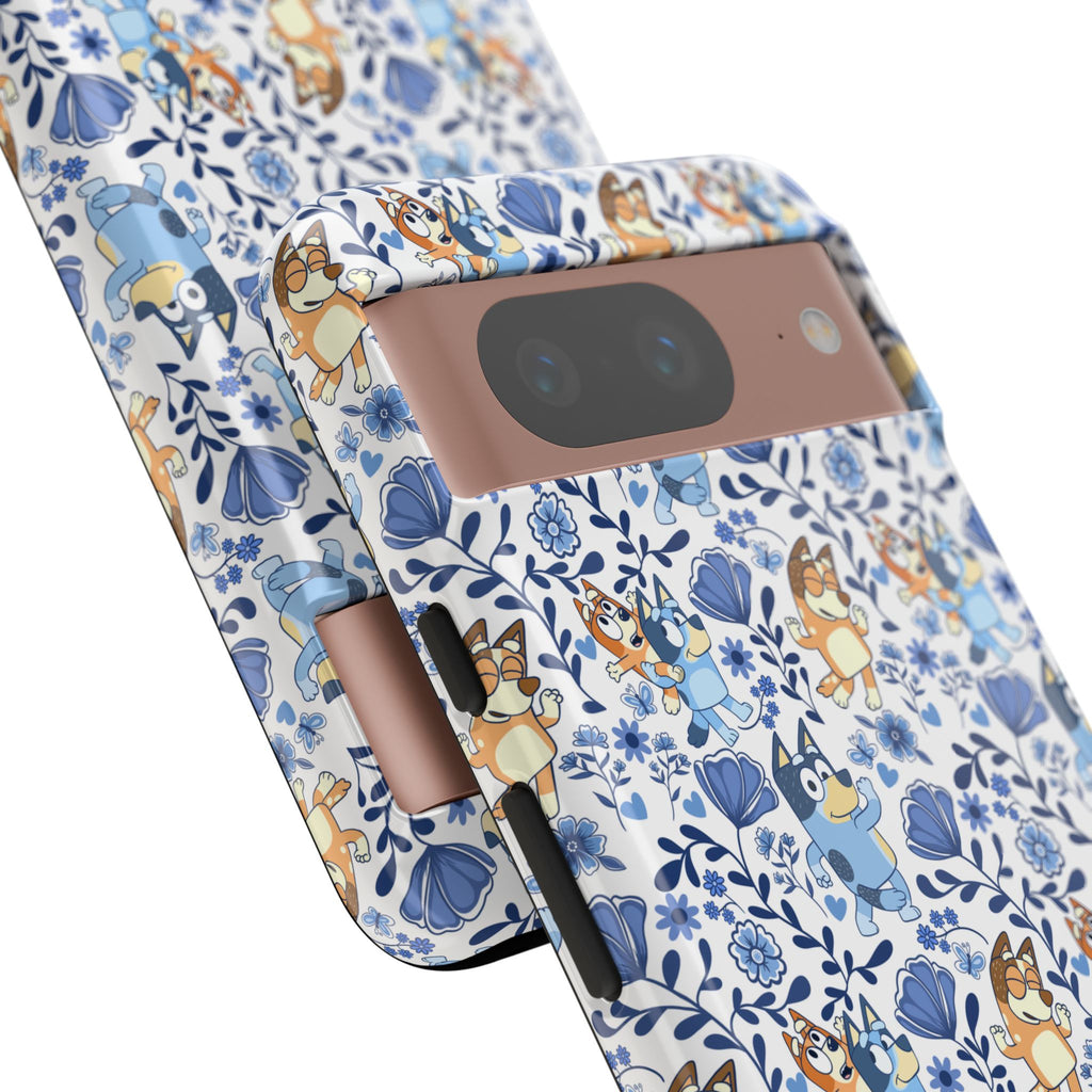 Blue Floral Fine China Cartoon Heeler Dogs Though Case for iPhone, Google, and Samsung phones