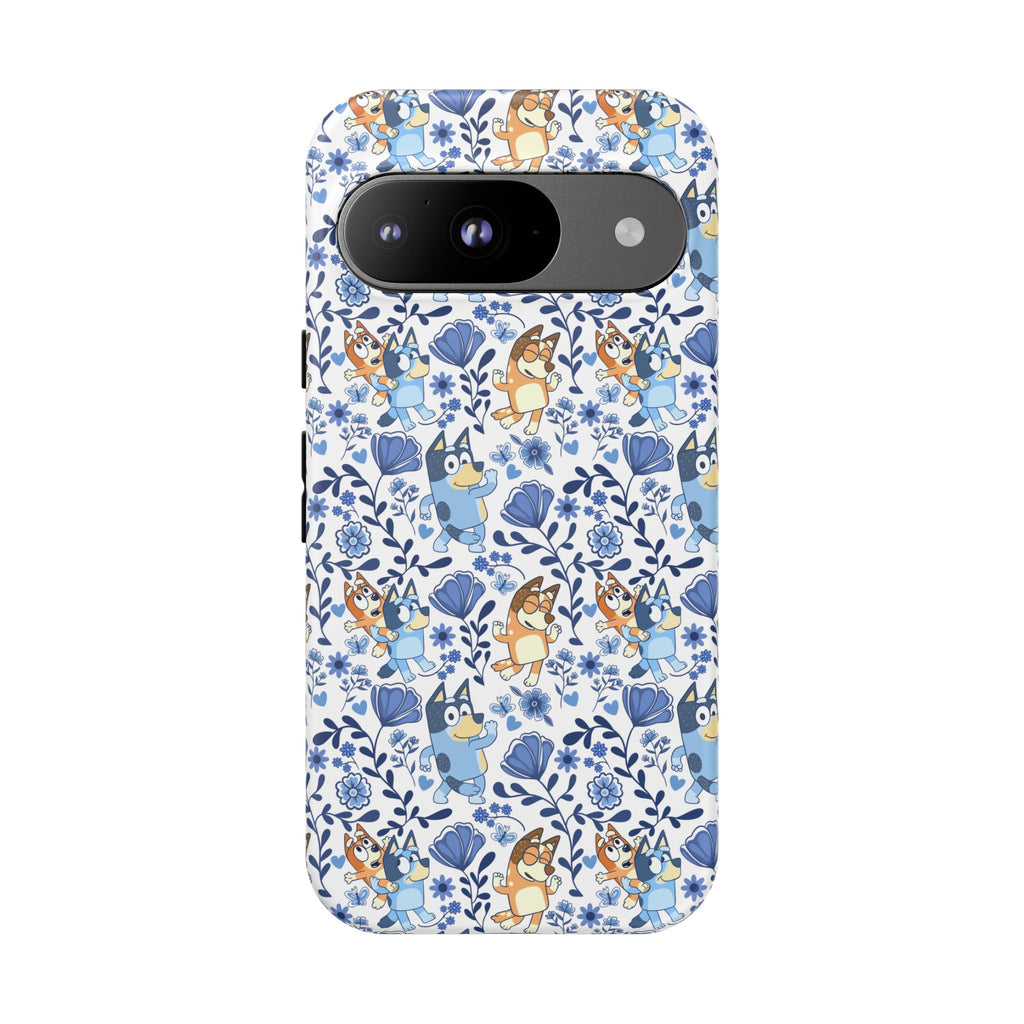 Blue Floral Fine China Cartoon Heeler Dogs Though Case for iPhone, Google, and Samsung phones