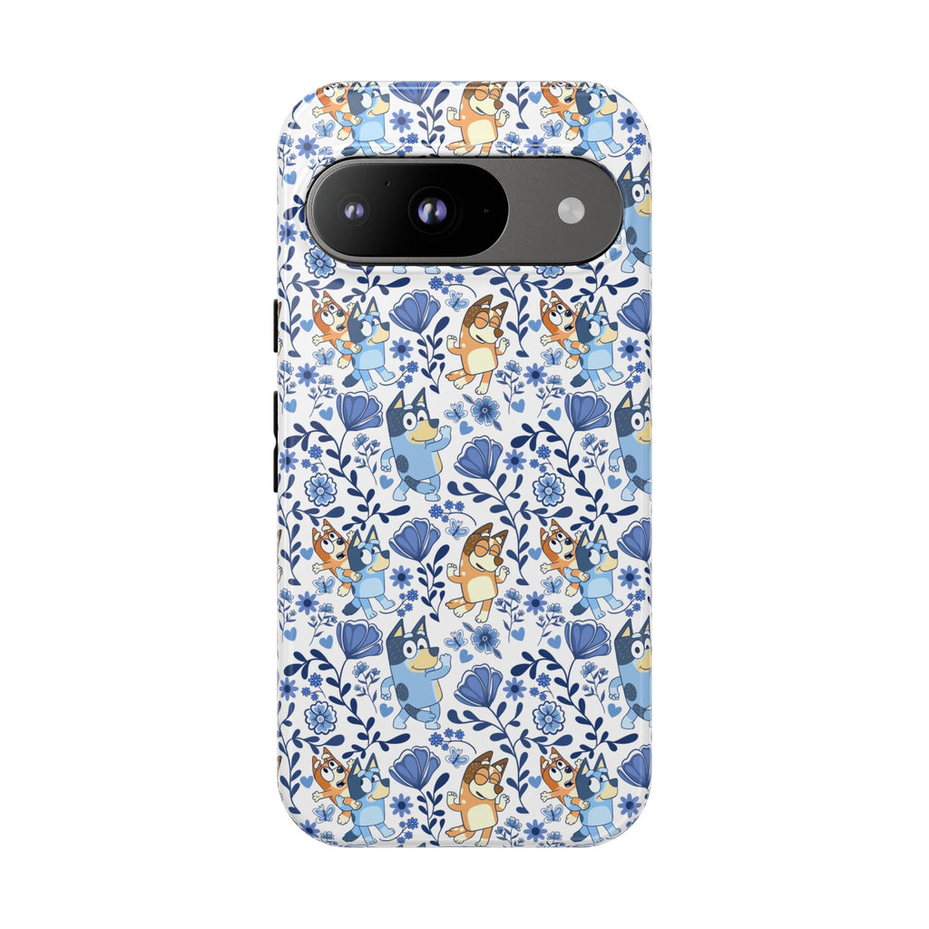Blue Floral Fine China Cartoon Heeler Dogs Though Case for iPhone, Google, and Samsung phones
