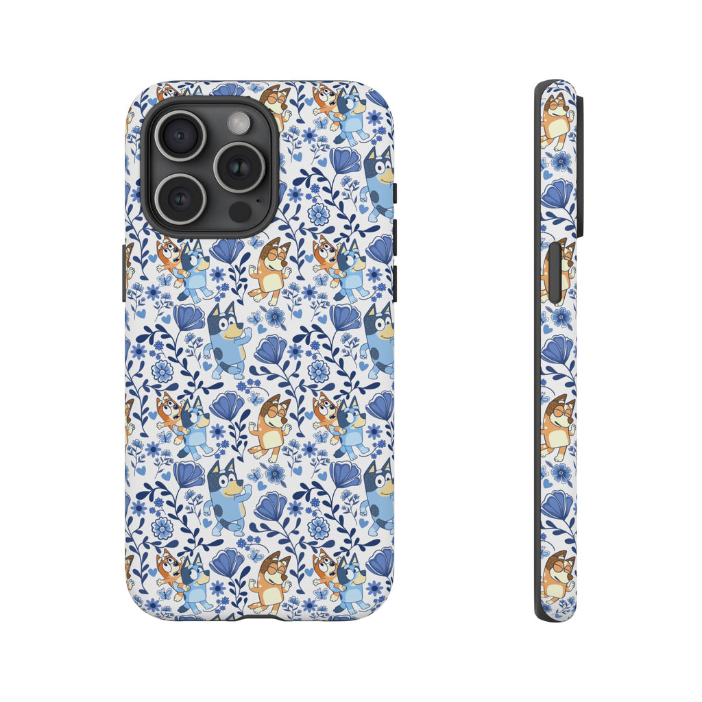 Blue Floral Fine China Cartoon Heeler Dogs Though Case for iPhone, Google, and Samsung phones