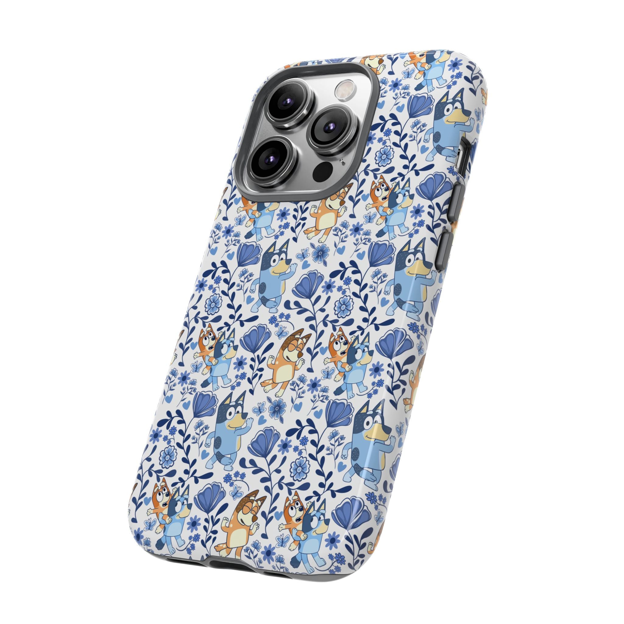 Blue Floral Fine China Cartoon Heeler Dogs Though Case for iPhone, Google, and Samsung phones