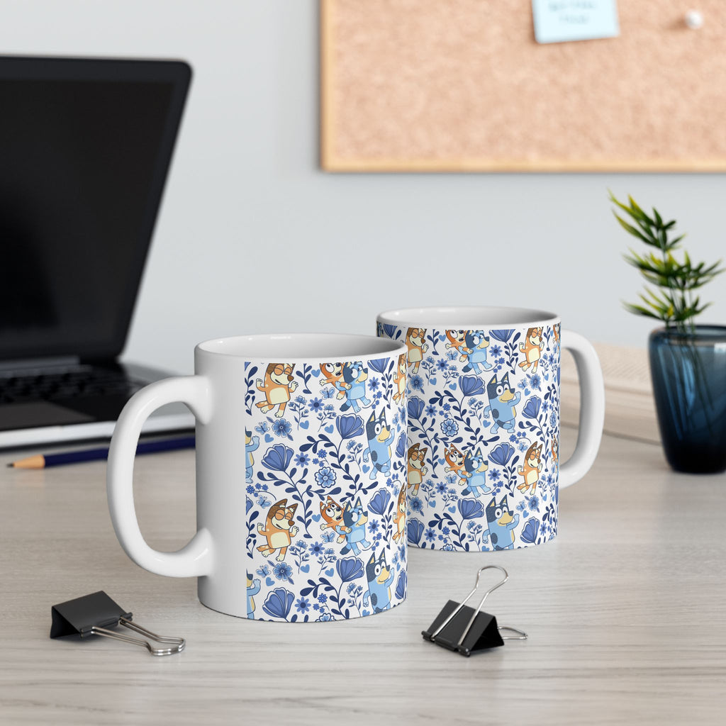 Blue Dog Family Floral Cartoon Dog Ceramic Mug – Cute Patterned Coffee Cup (11oz, 15oz)