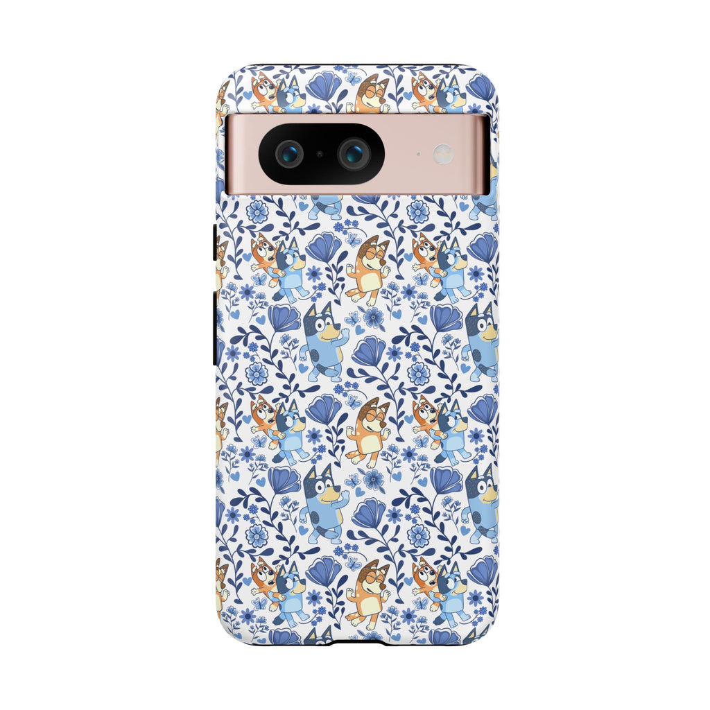 Blue Floral Fine China Cartoon Heeler Dogs Though Case for iPhone, Google, and Samsung phones
